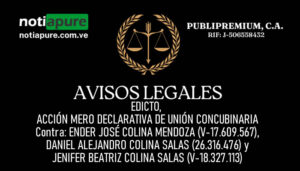 EDICTO, ACCIÓN MERO DECLARATIVA DE UNIÓN CONCUBINARIA Contra: ENDER JOSÉ COLINA MENDOZA, DANIEL ALEJANDRO COLINA SALAS y JENIFER BEATRIZ COLINA SALAS