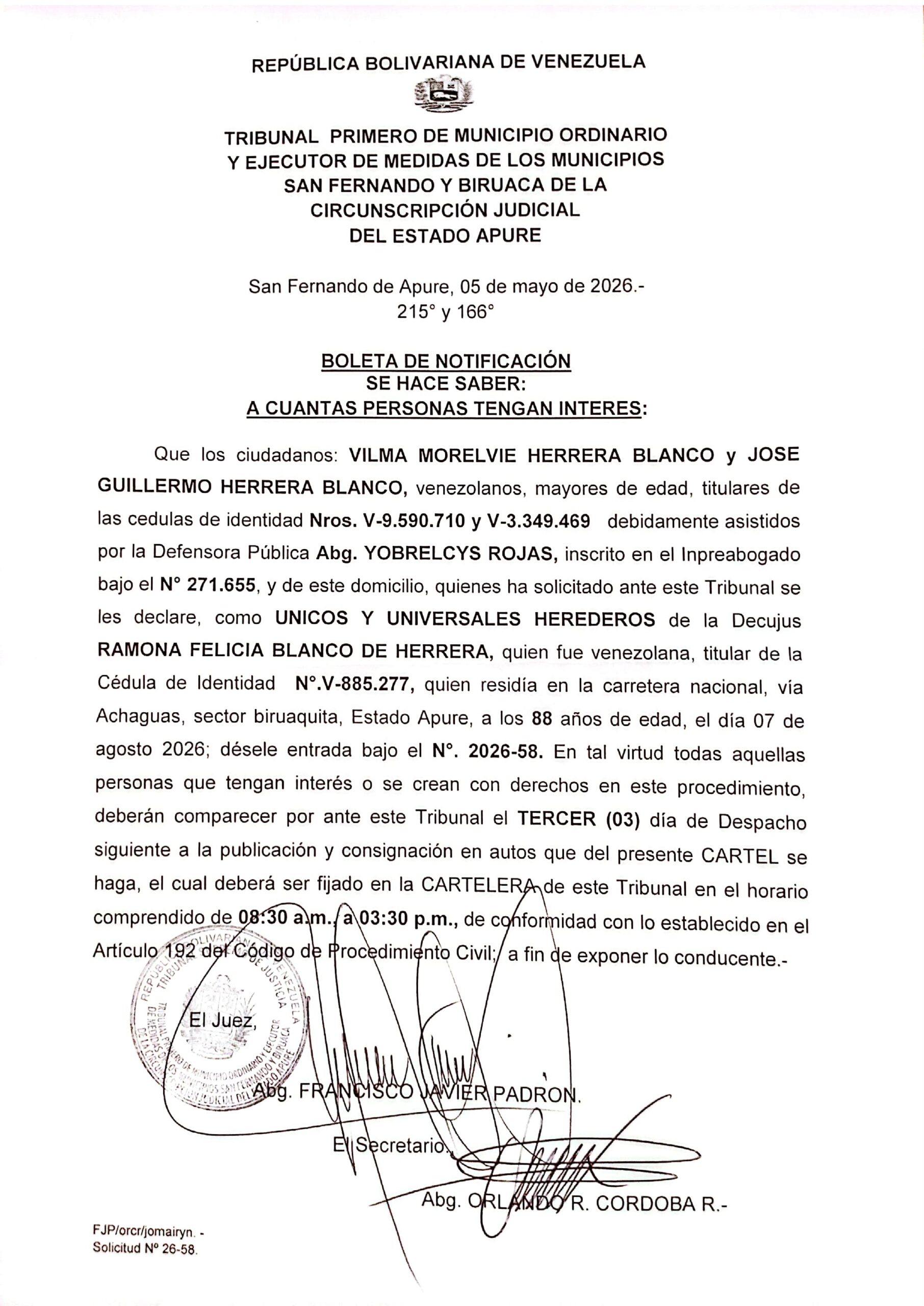BOLETA DE NOTIFICACIÓN, ÚNICOS Y UNIVERSALES HEREDEROS de la Decujus: RAMONA FELICIA BLANCO DE HERRERA (V-885.277)