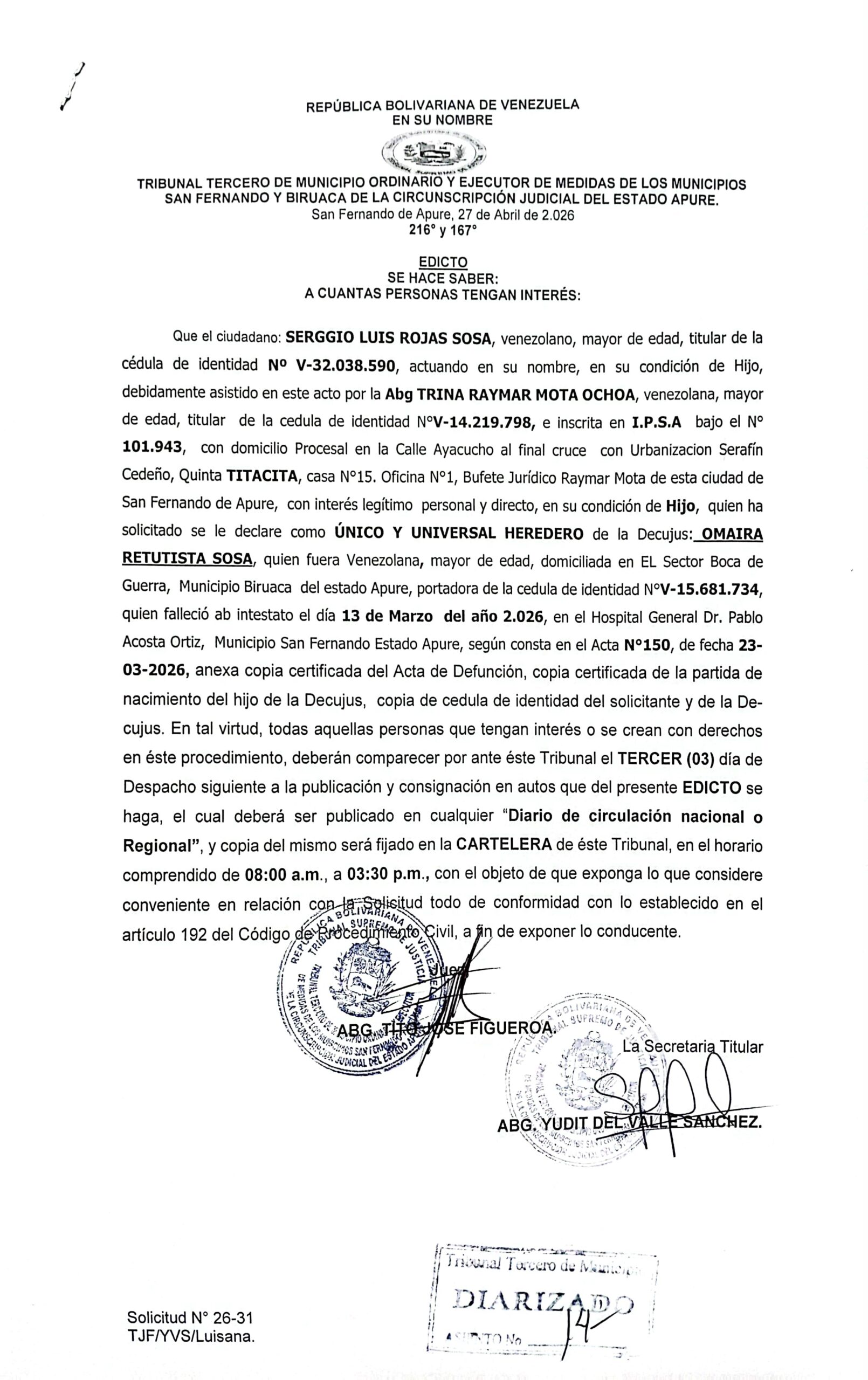 EDICTO ÚNICOS Y UNIVERSALES HEREDEROS de la Decujus OMAIRA RETUTISTA SOSA