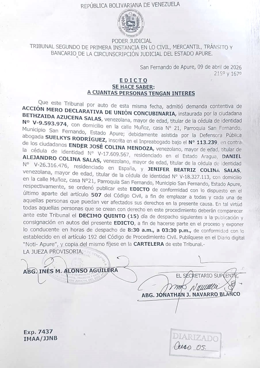 EDICTO, ACCIÓN MERO DECLARATIVA DE UNIÓN CONCUBINARIA Contra: ENDER JOSÉ COLINA MENDOZA, DANIEL ALEJANDRO COLINA SALAS y JENIFER BEATRIZ COLINA SALAS