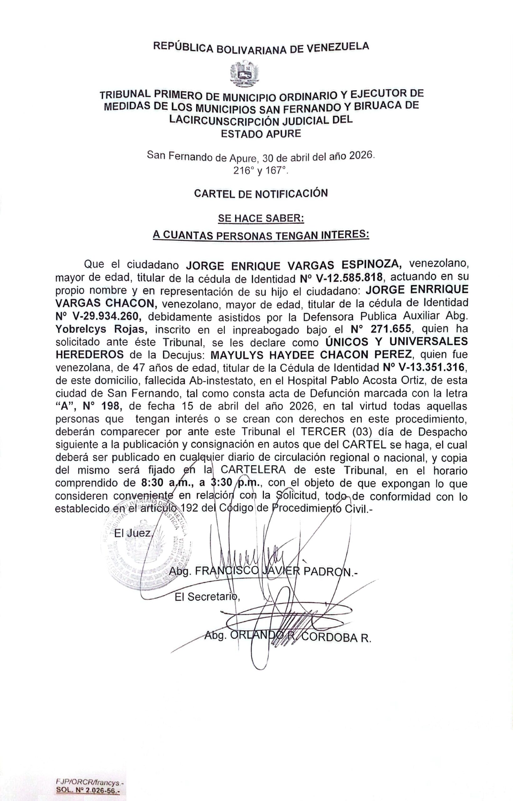 CARTEL DE NOTIFICACIÓN, ÚNICOS Y UNIVERSALES HEREDEROS de la Decujus: MAYULYS HAYDEE CHACON PEREZ (V-13.351.316)