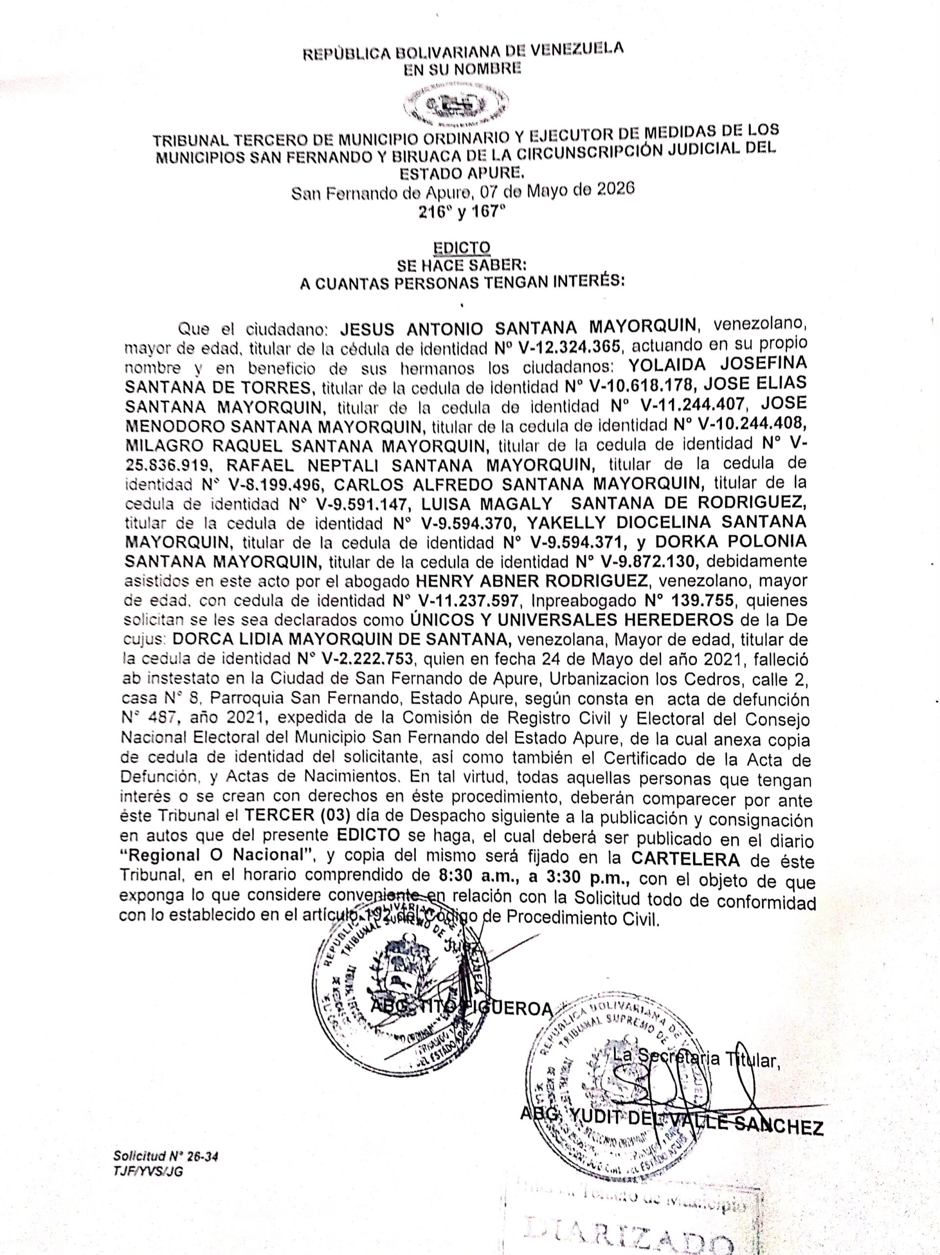 EDICTO, ÚNICOS Y UNIVERSALES HEREDEROS de la Decujus: DORCA LIDIA MAYORQUIN DE SANTANA (V-2.222.753)