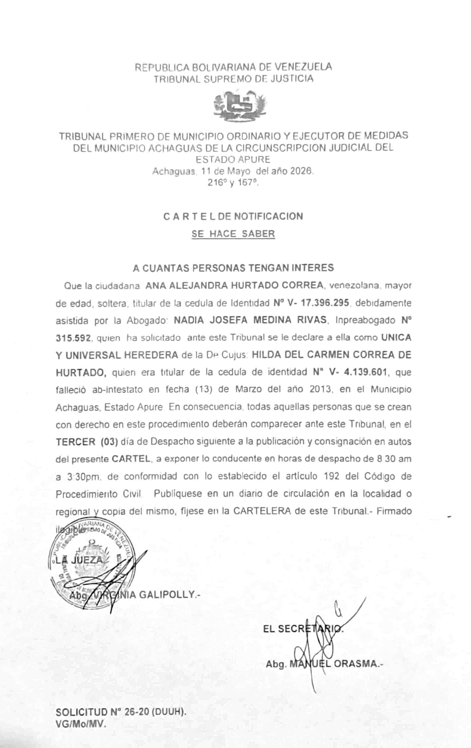 CARTEL DE NOTIFICACIÓN, ÚNICOS Y UNIVERSALES HEREDEROS de la Decujus: HILDA DEL CARMEN CORREA DE HURTADO (V-4.139.601)