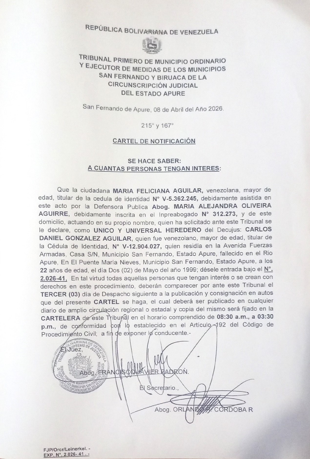 CARTEL DE NOTIFICACIÓN, ÚNICO Y UNIVERSAL HEREDERO del Decujus: CARLOS DANIEL GONZALEZ AGUILAR (V-12.904.027)