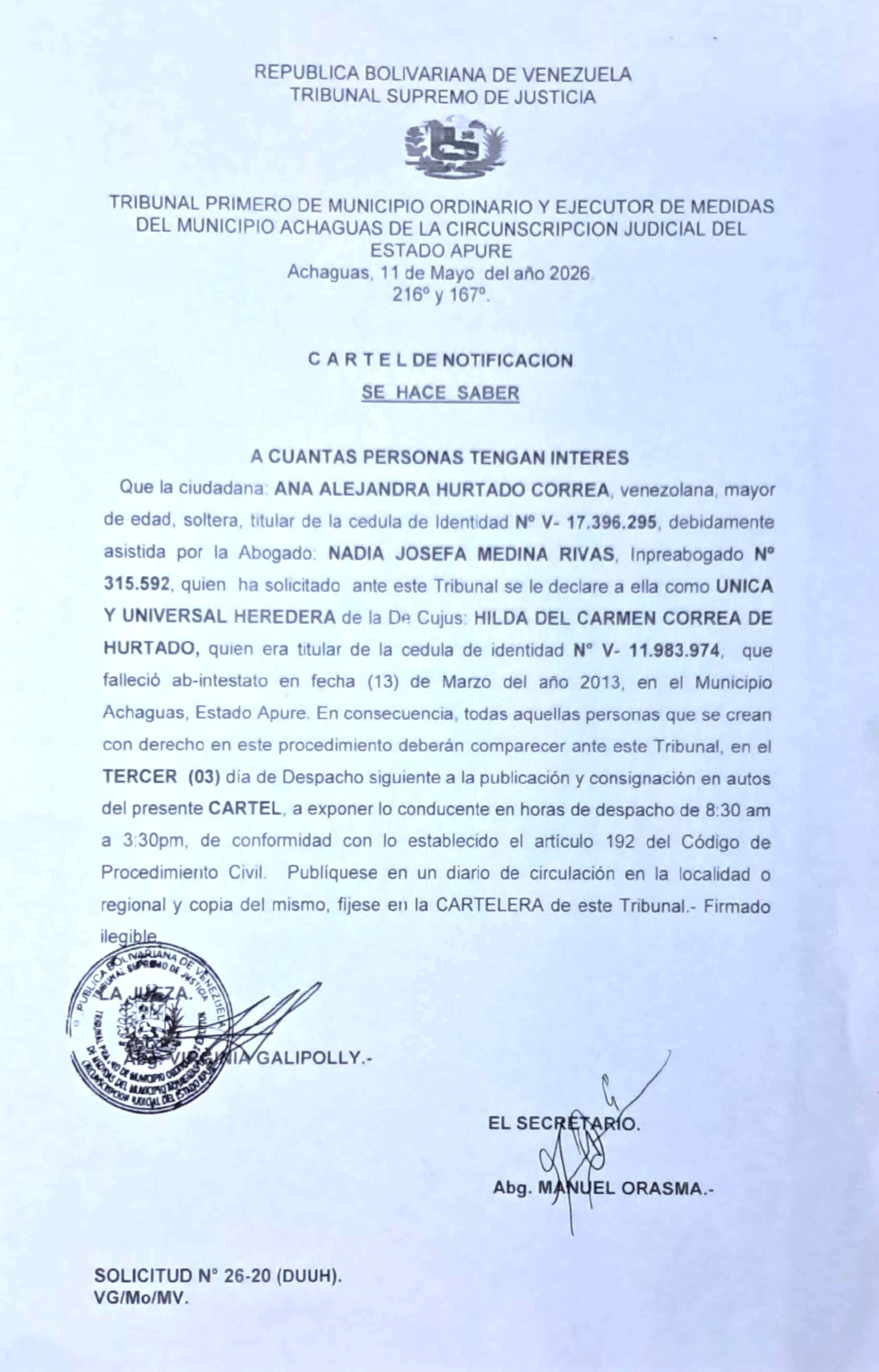 CARTEL DE NOTIFICACIÓN ÚNICOS Y UNIVERSALES HEREDEROS de la De Cujus: HILDA DEL CARMEN CORREA DE HURTADO (V- 11.983.974)