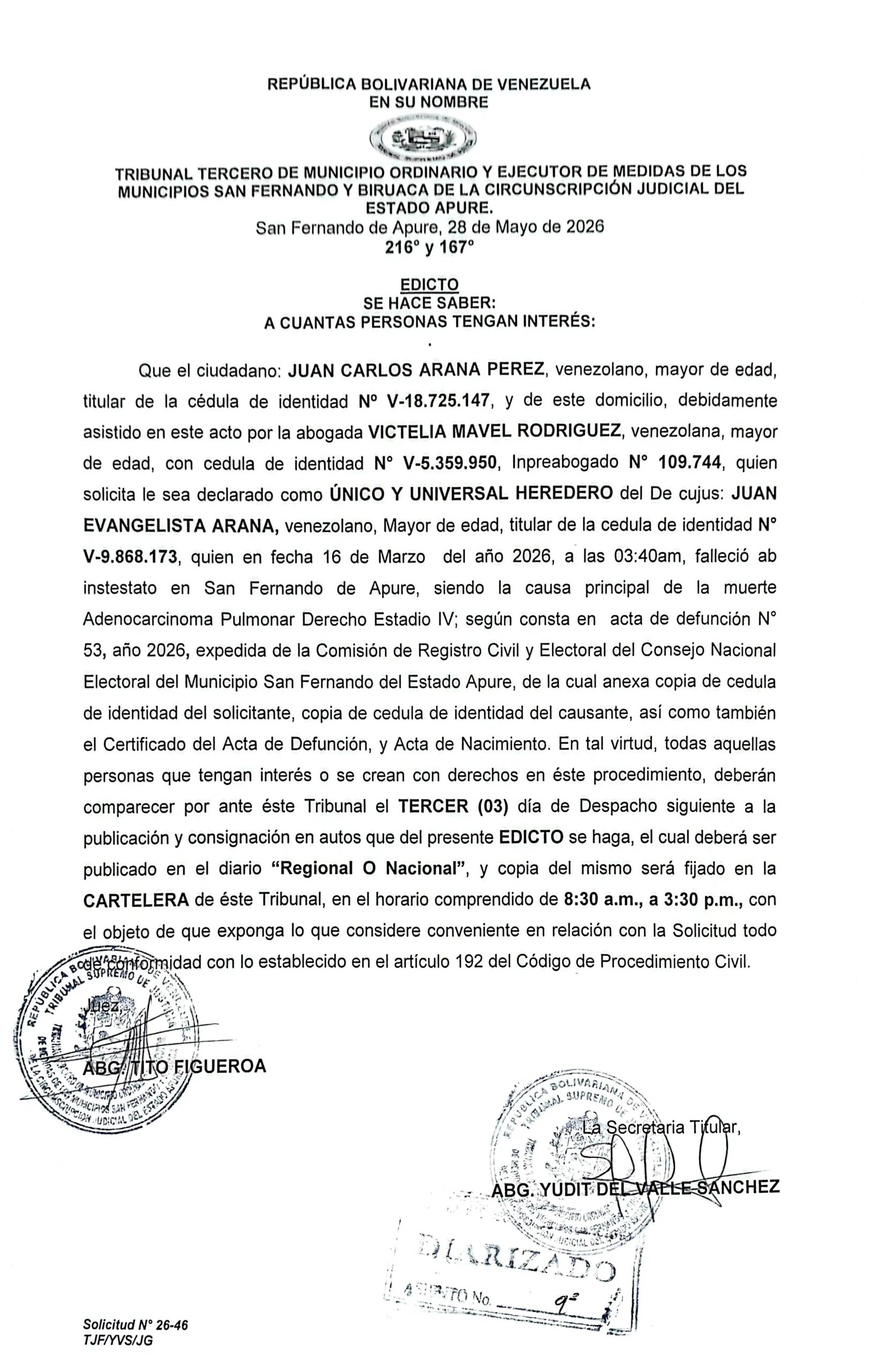 EDICTO, ÚNICO Y UNIVERSAL HEREDERO del Decujus: JUAN EVANGELISTA ARANA (V- 9.868.173)