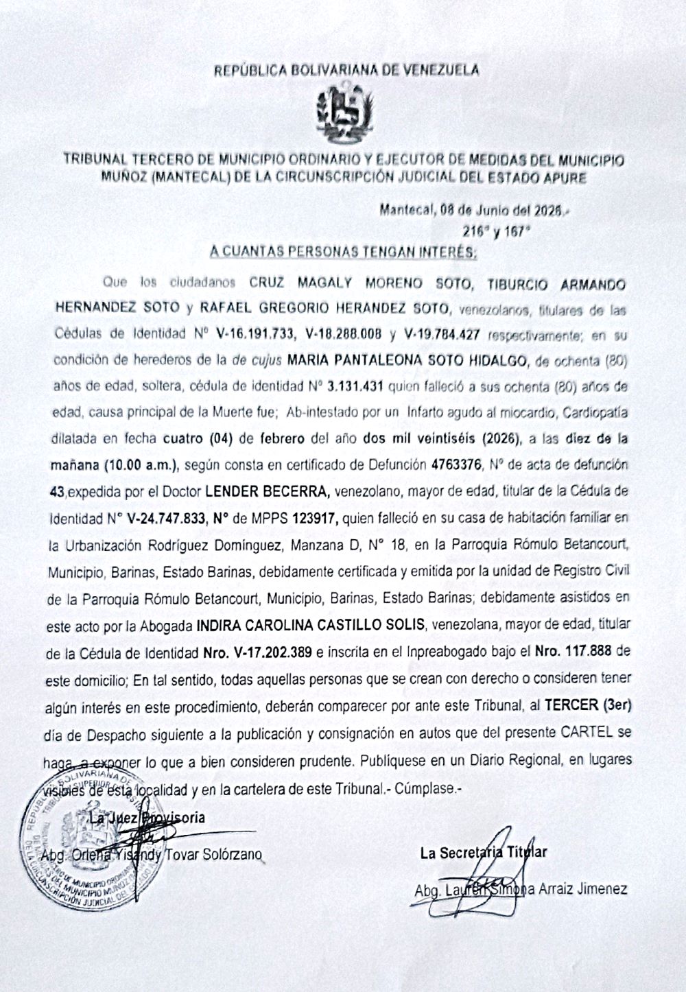 CARTEL DE NOTIFICACIÓN. ÚNICOS Y UNIVERSALES HEREDEROS de la Decujus: MARIA PANTALEONA SOTO HIDALGO (V-3.131.431)