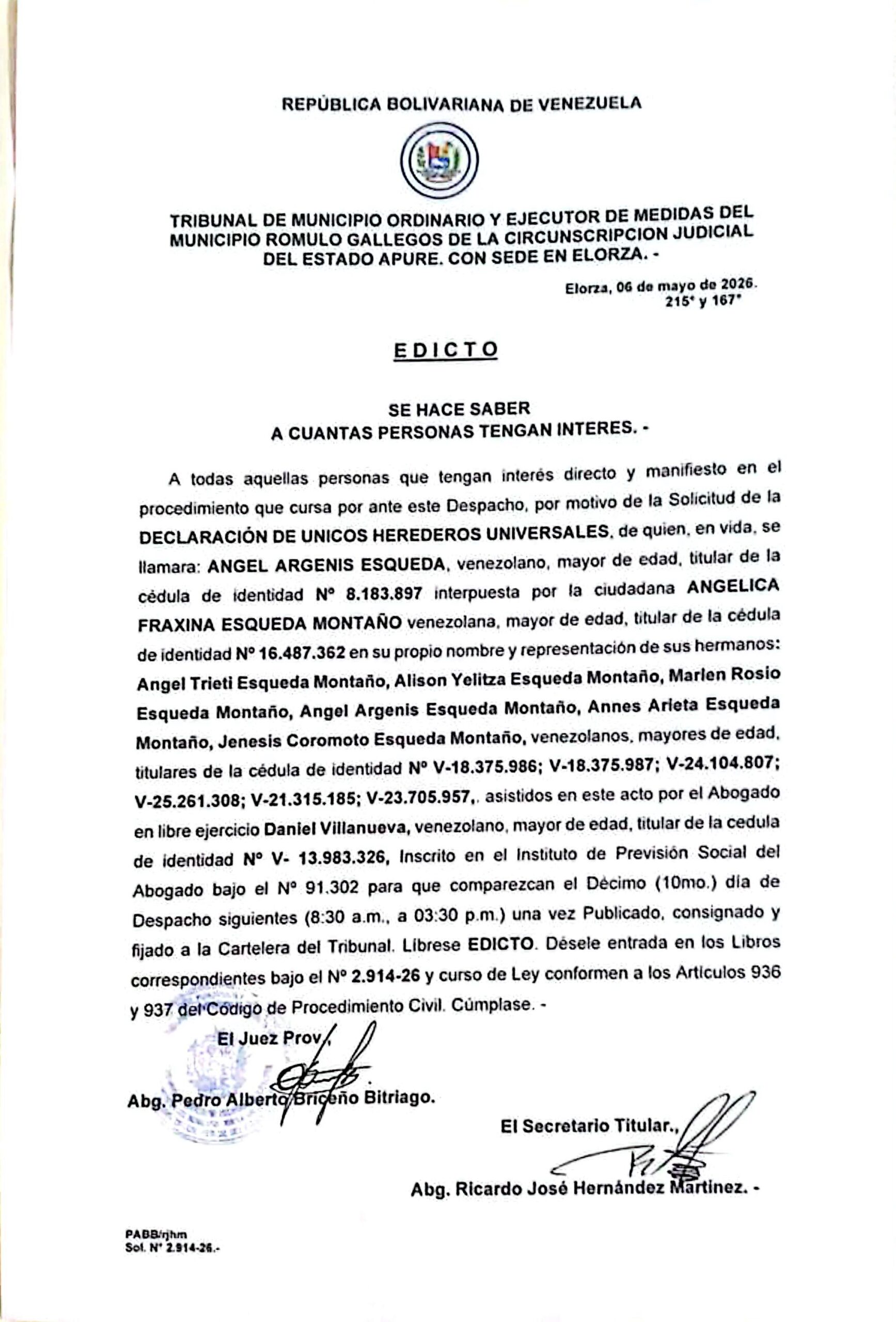 EDICTO, ÚNICOS Y UNIVERSALES HEREDEROS del Decujus: ANGEL ARGENIS ESQUEDA (V-8.183.897)