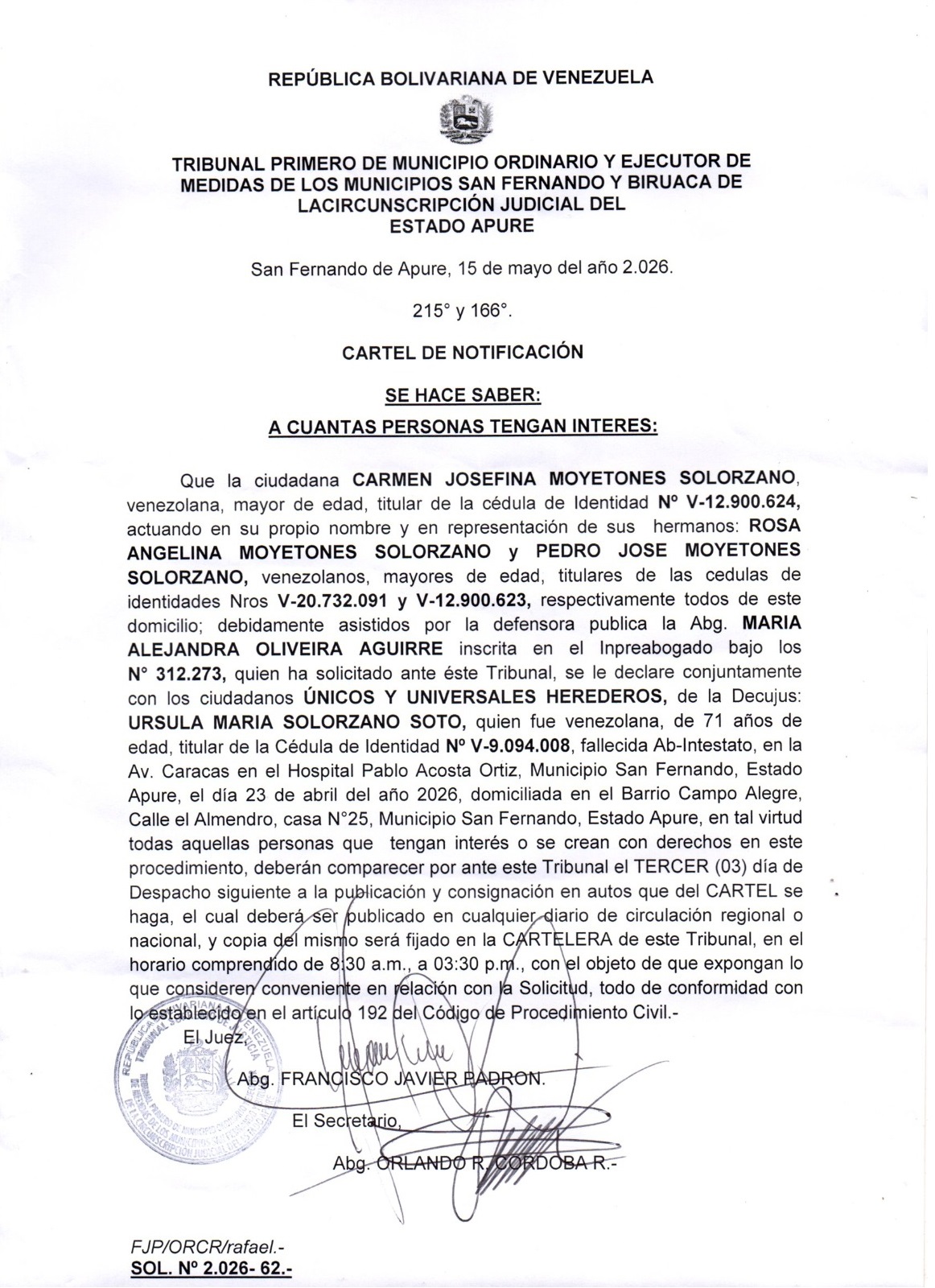 CARTEL DE NOTIFICACIÓN, ÚNICOS Y UNIVERSALES HEREDEROS de la Decujus: URSULA MARIA SOLORZANO SOTO (V-9.094.008)