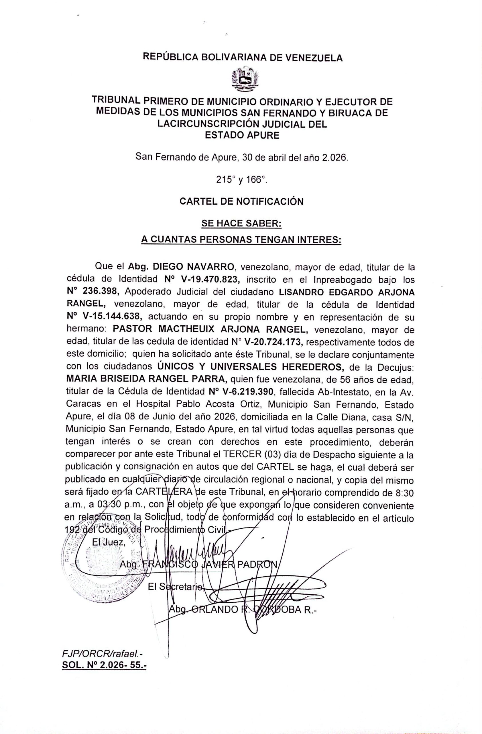 CARTEL DE NOTIFICACIÓN, ÚNICOS Y UNIVERSALES HEREDEROS de la Decujus: MARIA BRISEIDA RANGEL PARRA (V-6.219.390)