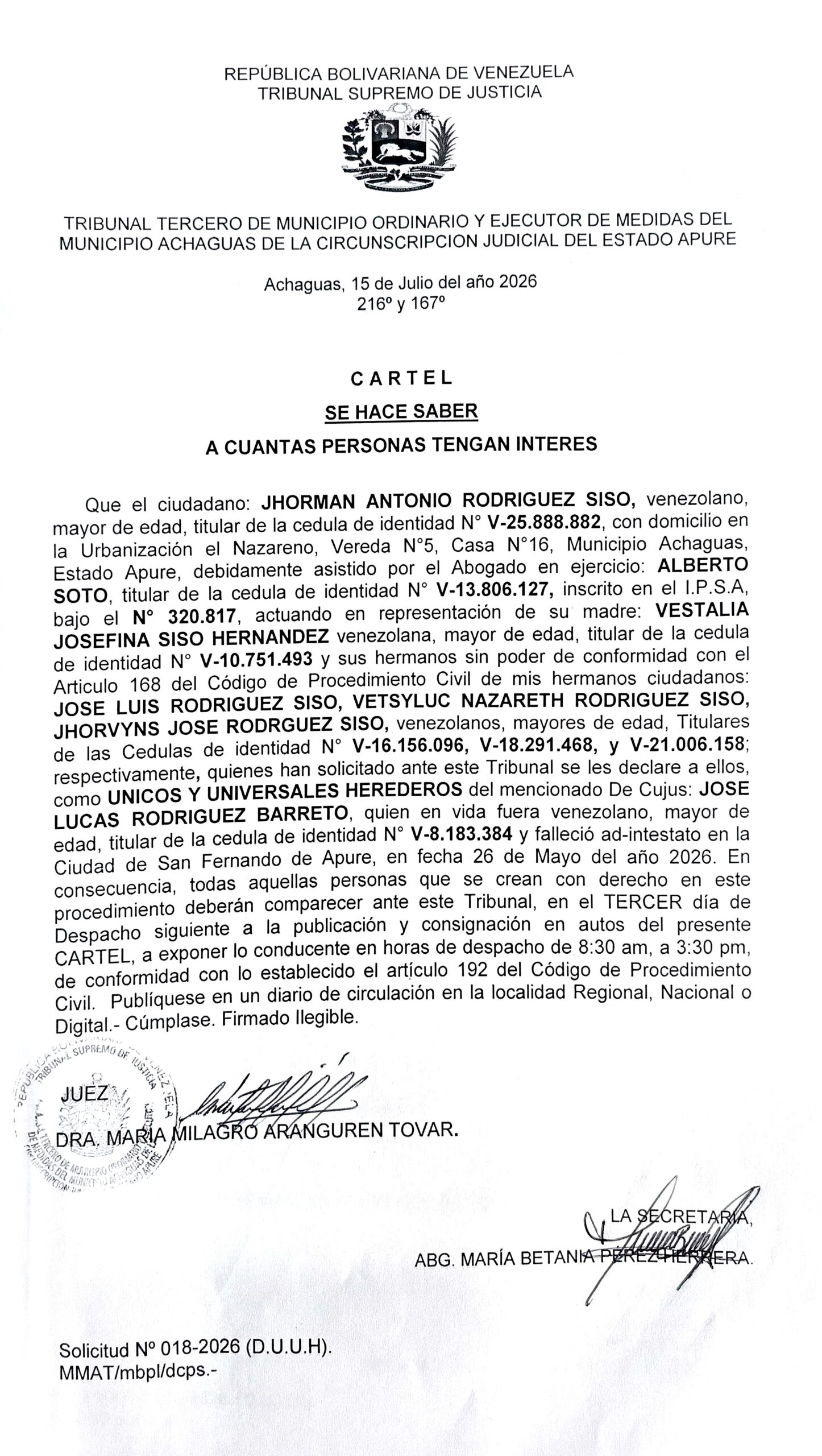 CARTEL DE NOTIFICACIÓN, ÚNICOS Y UNIVERSALES HEREDEROS de la Decujus: JOSE LUCAS RODRIGUEZ BARRETO (V-8.183.384)