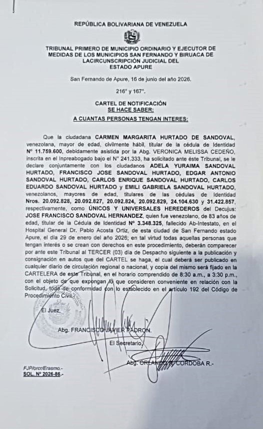 CARTEL DE NOTIFICACIÓN, ÚNICOS Y UNIVERSALES HEREDEROS del Decujus: JOSE FRANCISCO SANDOVAL HERNANDEZ (V- 3.348.325)