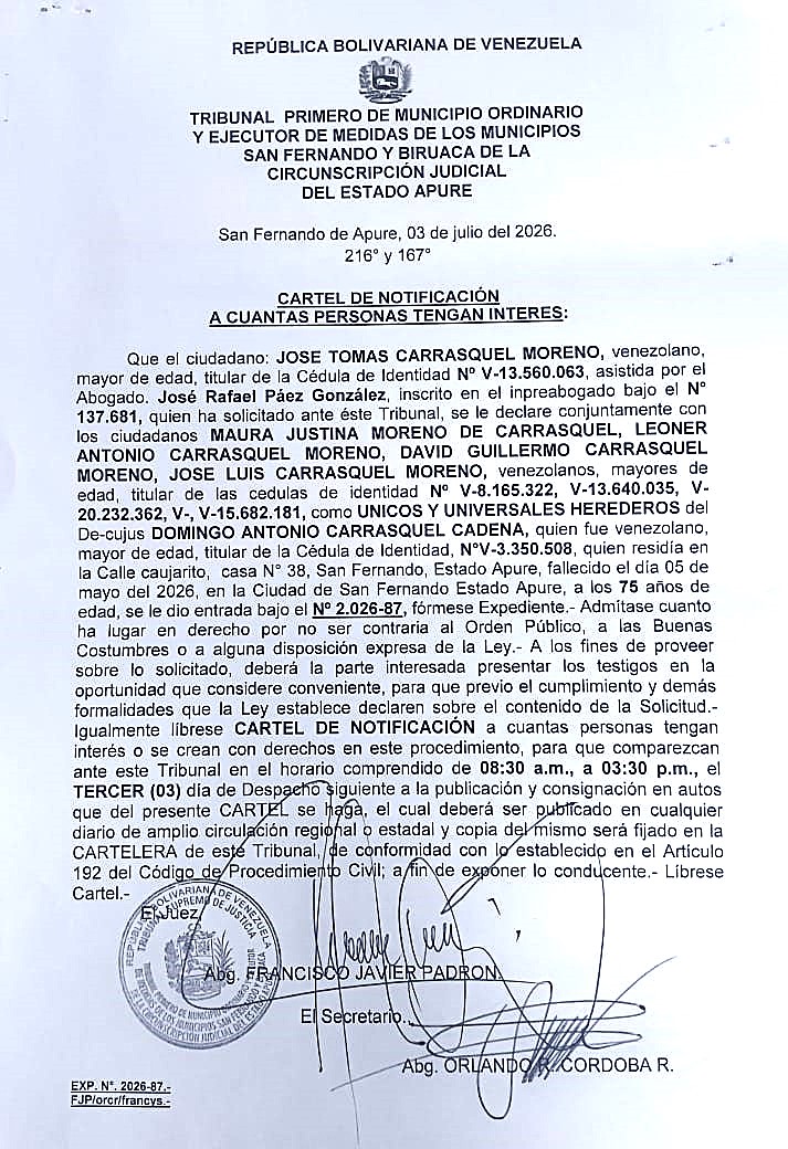 CARTEL DE NOTIFICACIÓN, ÚNICOS Y UNIVERSALES HEREDEROS de la Decujus: DOMINGO ANTONIO CARRASQUEL CADENA (V-3.350.508)
