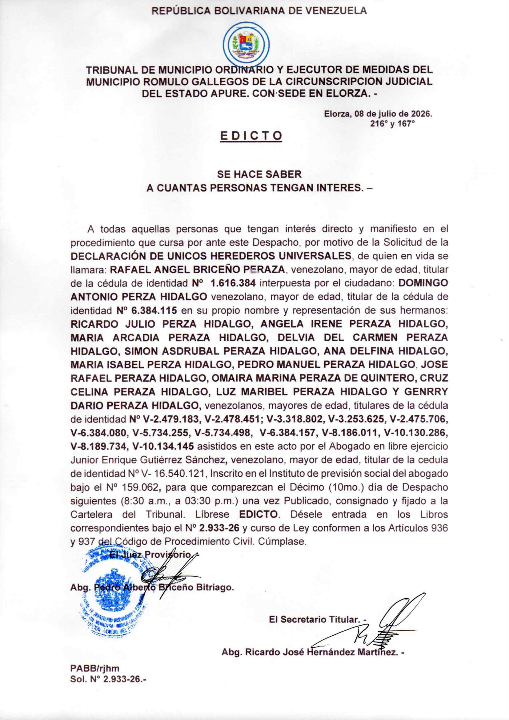 EDICTO, ÚNICOS Y UNIVERSALES HEREDEROS del Decujus: RAFAEL ANGEL BRICEÑO PERAZA (V-1.616.384)