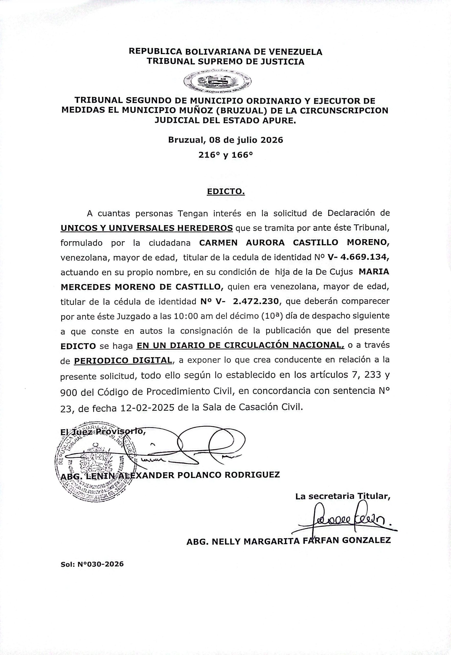 EDICTO, ÚNICOS Y UNIVERSALES HEREDEROS de la Decujus: MARIA MERCEDES MORENO DE CASTILLO (V-2.472.230)