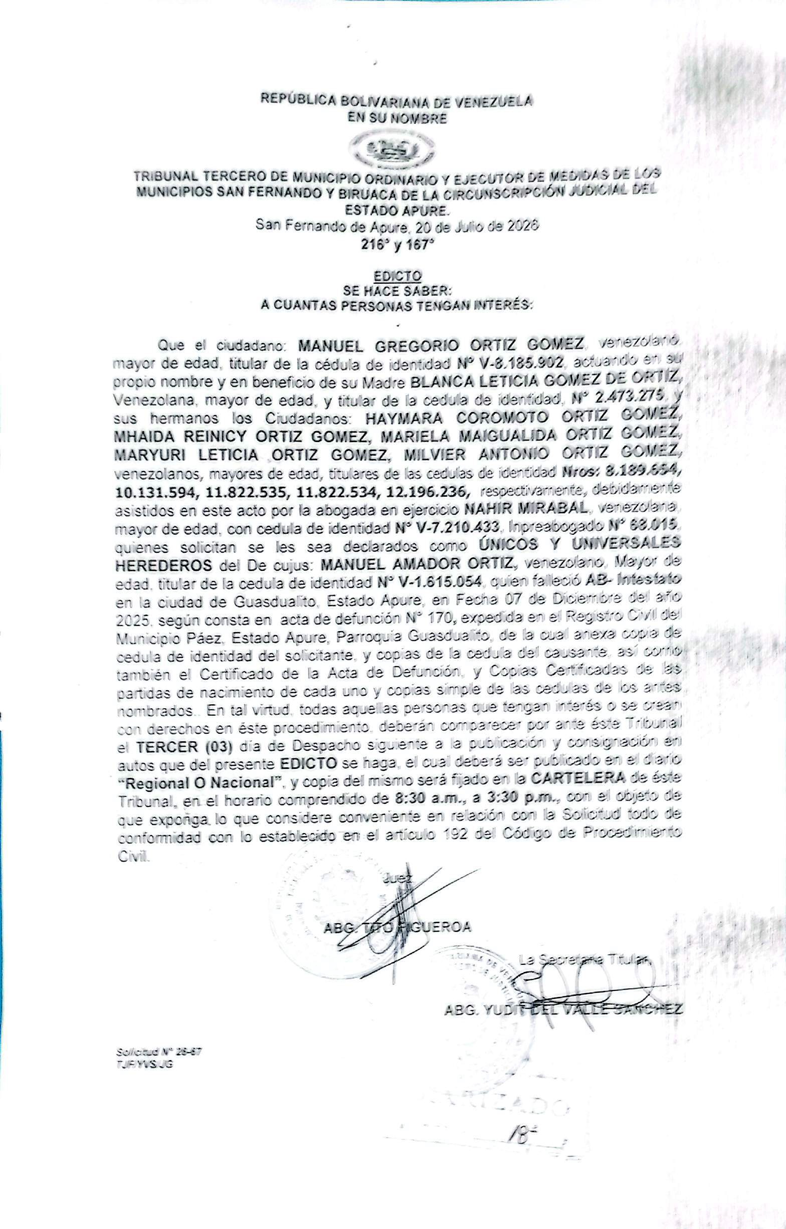 EDICTO, ÚNICOS Y UNIVERSALES HEREDEROS del Decujus: MANUEL AMADOR ORTIZ (V-1.615.054)