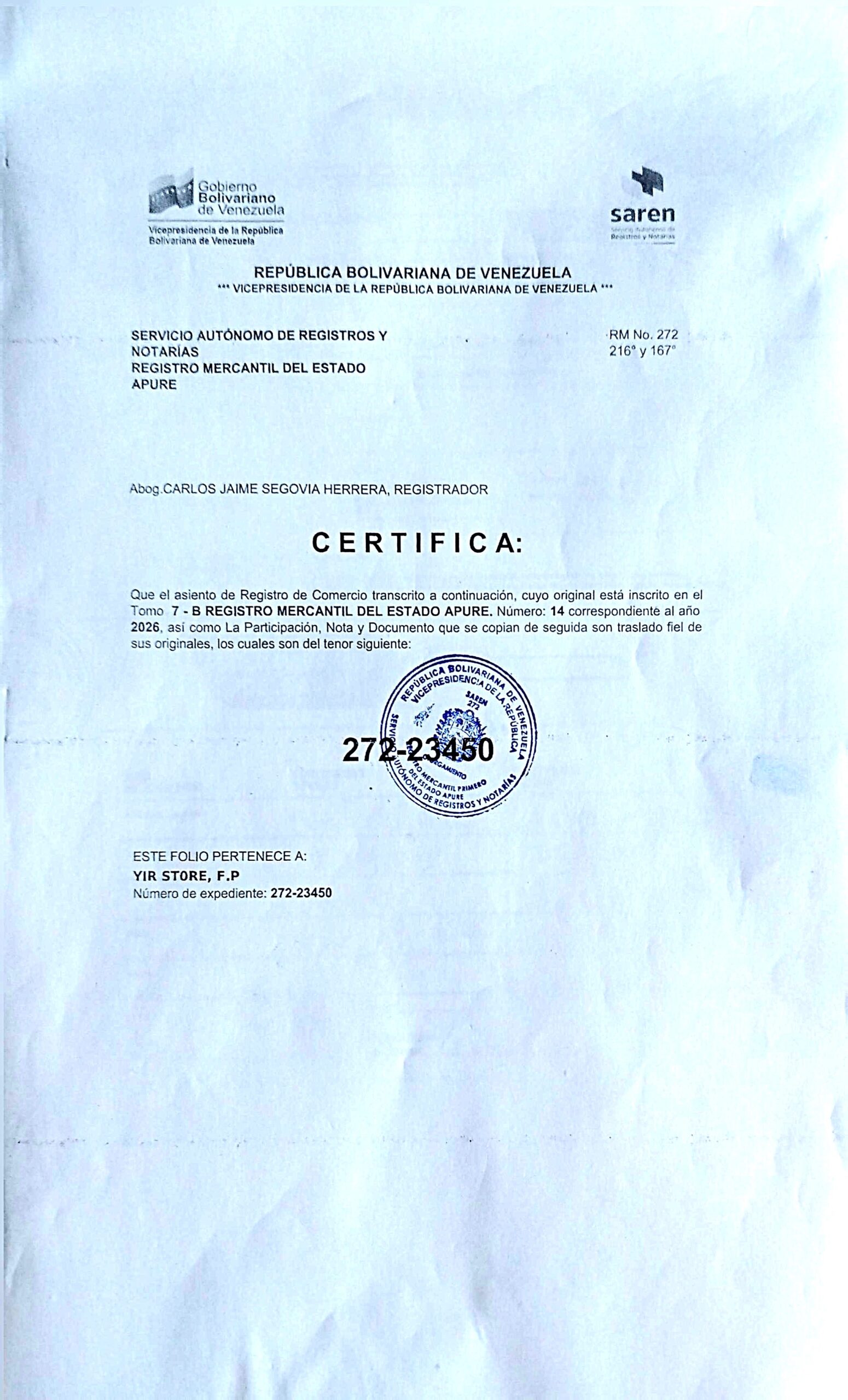 REGISTRO MERCANTIL, FIRMA PERSONAL, YIR STORE, F.P.