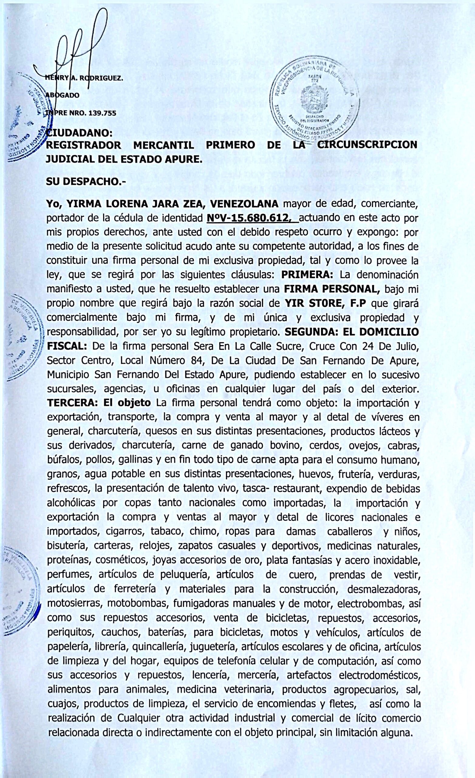 REGISTRO MERCANTIL, FIRMA PERSONAL, YIR STORE, F.P.