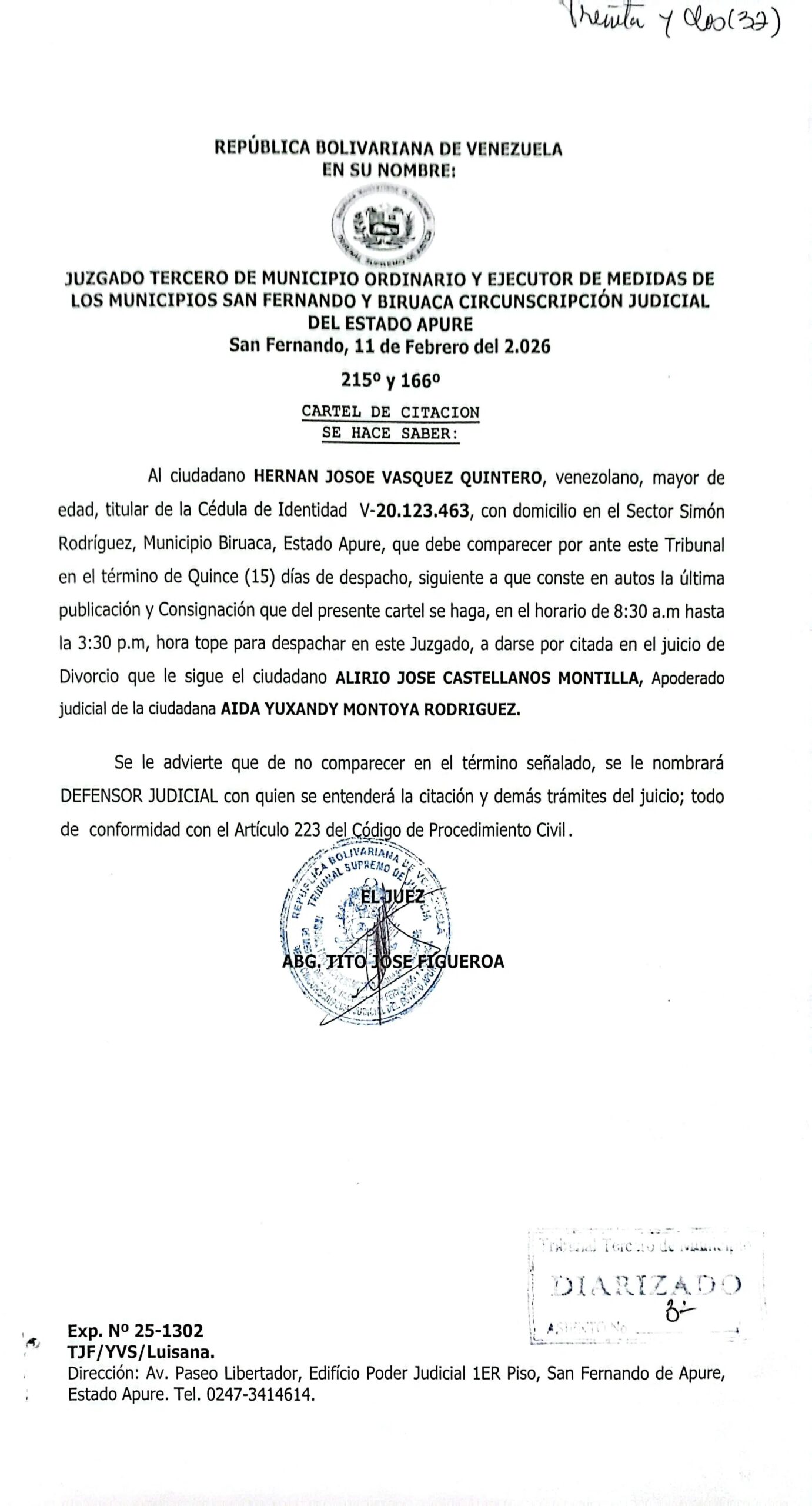 CARTEL DE CITACIÓN (2do), Al ciudadano HERNAN JOSOE VASQUEZ QUINTERO (V-20.123.463) ante el Procedimiento de Divorcio incoado por Aida Yuxandy Montoya Rodríguez