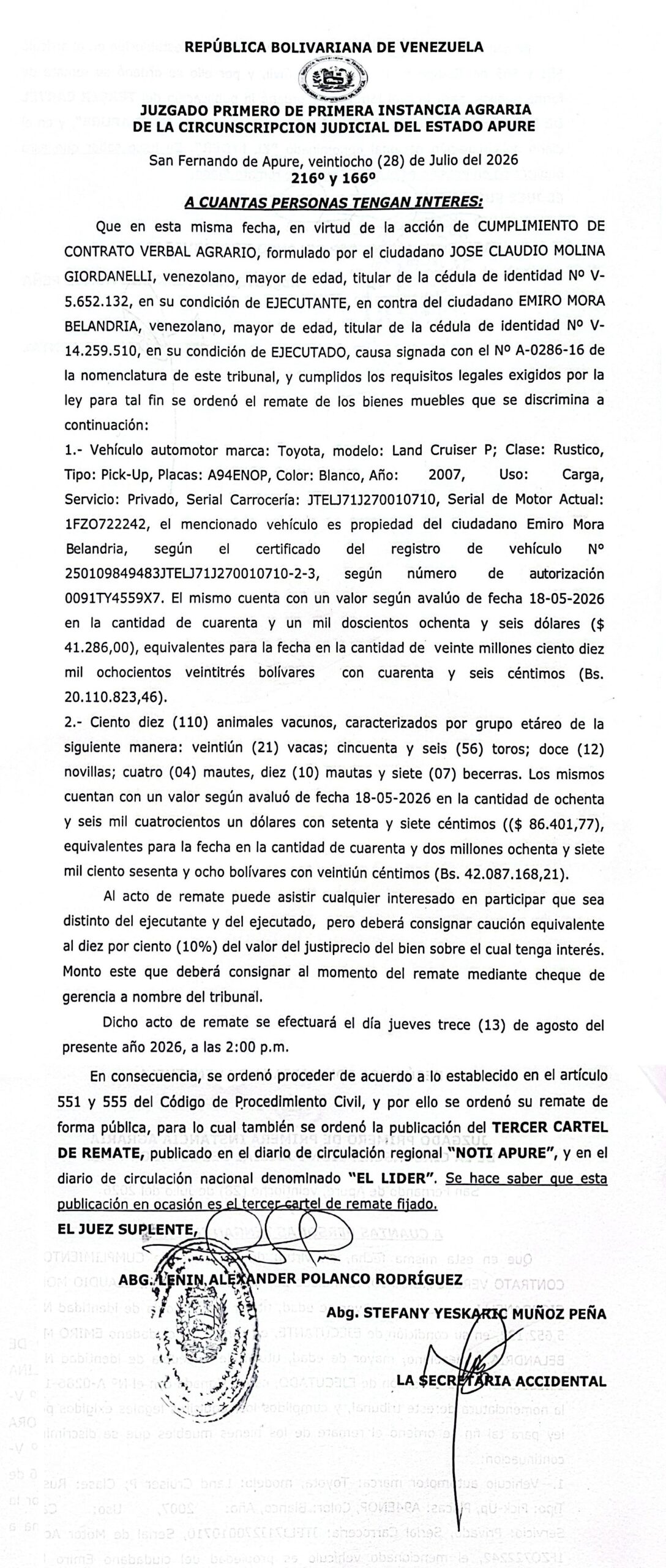 CARTEL DE REMATE (3ro), Acción de CUMPLIMIENTO DE CONTRATO VERBAL AGRARIO. En contra del ciudadano EMIRO MORA BELANDRIA (V-14.259.510)