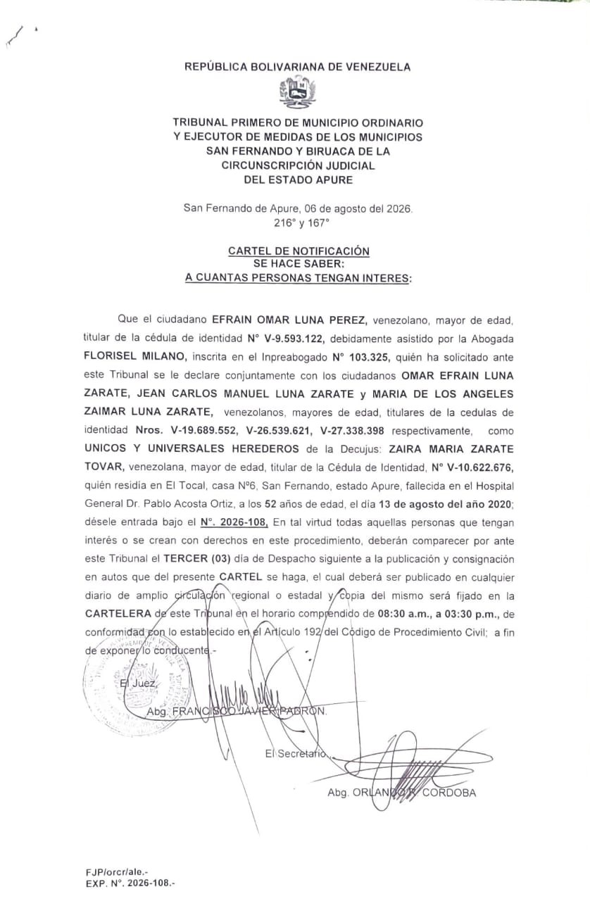 CARTEL DE NOTIFICACIÓN, ÚNICOS Y UNIVERSALES HEREDEROS de la Decujus: ZAIRA MARIA ZARATE TOVAR (V-10.622.676)