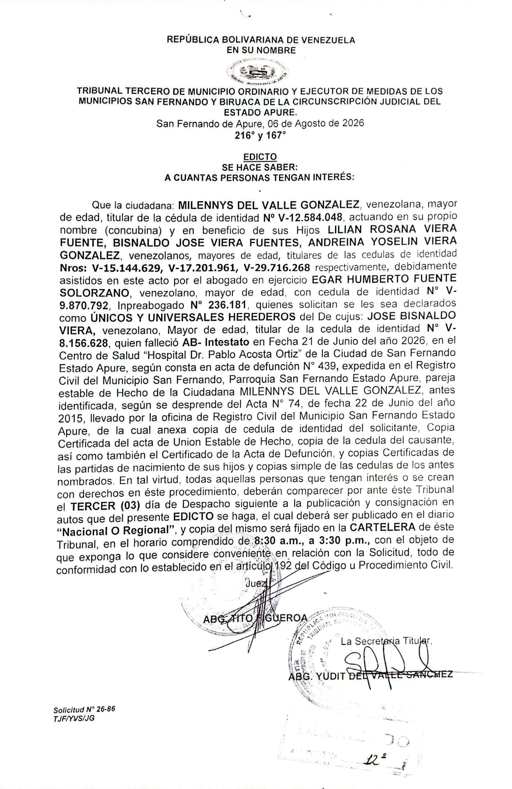 CARTEL DE NOTIFICACIÓN, ÚNICOS Y UNIVERSALES HEREDEROS de el Decujus: JOSE BISNALDO VIERA (V- 8.156.628)