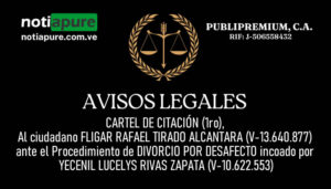 CARTEL DE CITACIÓN (1ro), Al ciudadano FLIGAR RAFAEL TIRADO ALCANTARA (V-13.640.877) ante el Procedimiento de DIVORCIO POR DESAFECTO incoado por YECENIL LUCELYS RIVAS ZAPATA (V-10.622.553)
