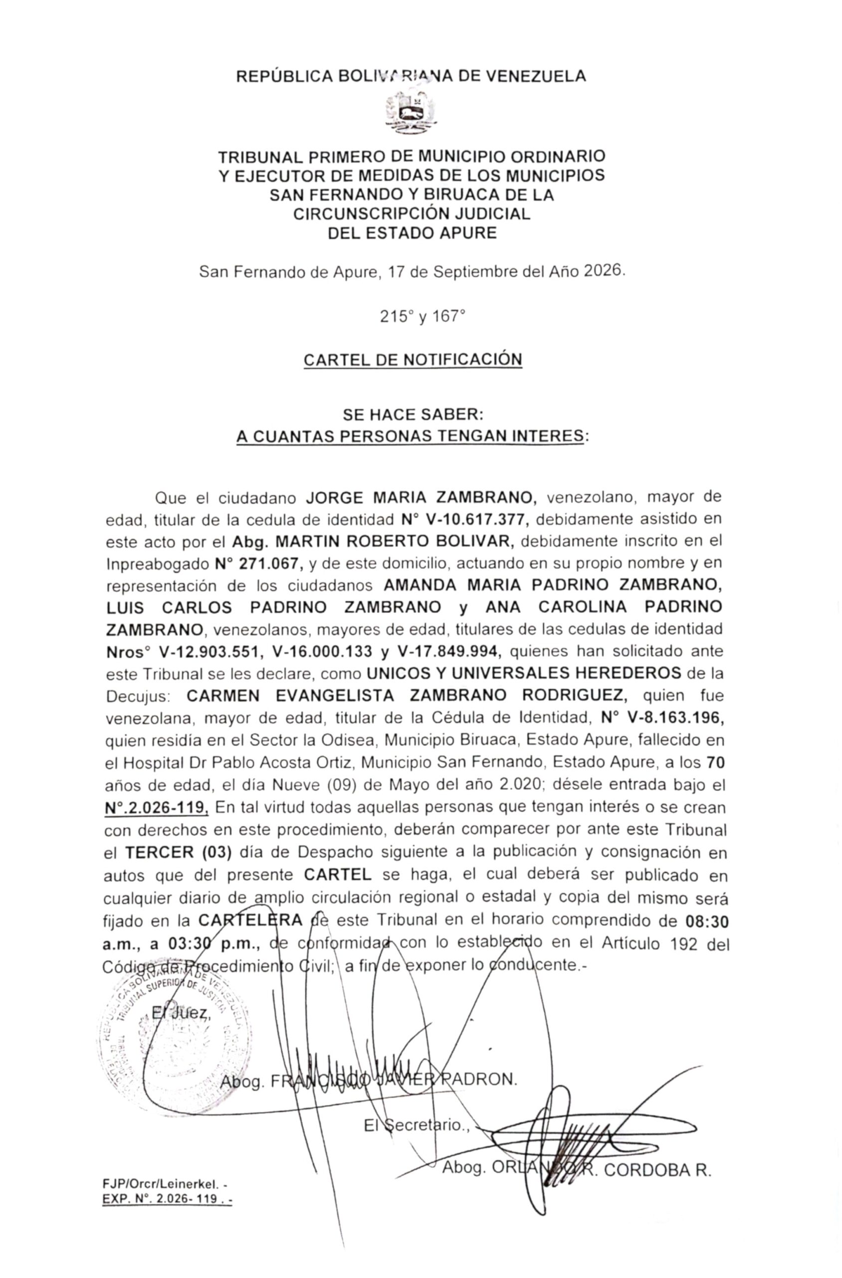 CARTEL DE NOTIFICACIÓN, ÚNICOS Y UNIVERSALES HEREDEROS de la Decujus: CARMEN EVANGELISTA ZAMBRANO RODRIGUEZ (V-8.163.196)