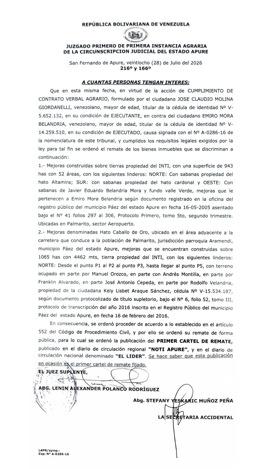 CARTEL DE NOTIFICACIÓN (1): En virtud de la acción de CUMPLIMIENTO DE CONTRATO VERBAL AGRARIO, formulado por el ciudadano JOSE CLAUDIO MOLINA GIORDANELLI (V- 5.652.132).
