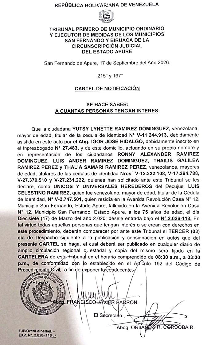 CARTEL DE NOTIFICACIÓN, ÚNICOS Y UNIVERSALES HEREDEROS del Decujus: LUIS CELESTINO RAMIREZ (V-2.747.501)