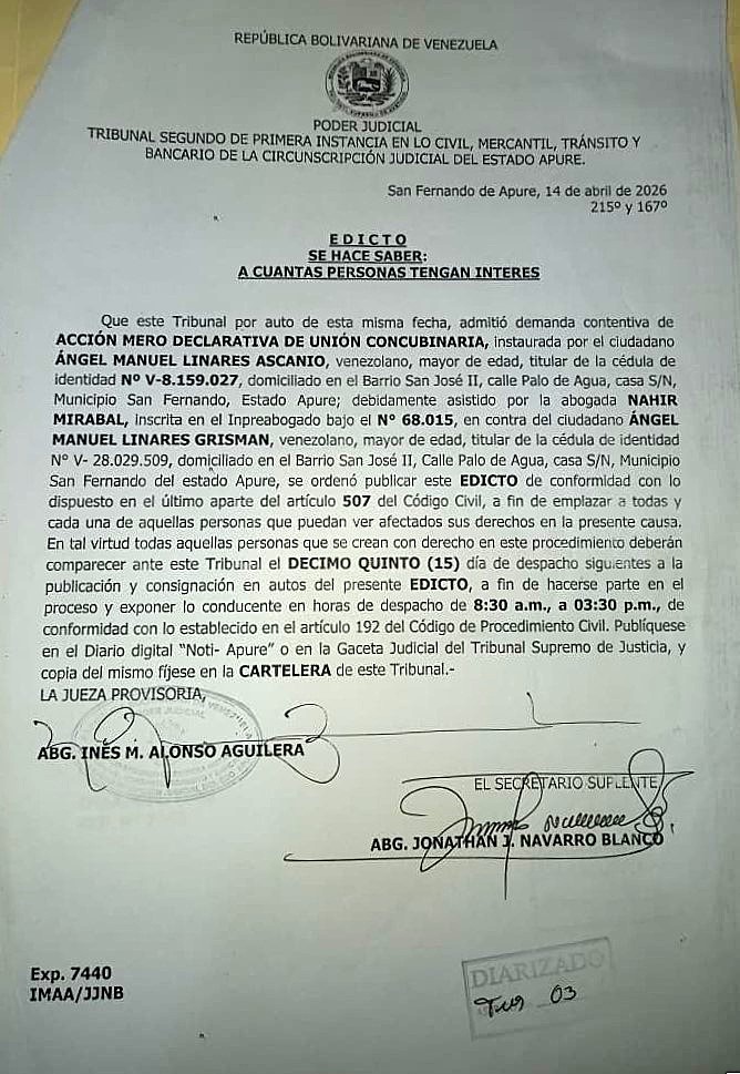 EDICTO. ACCIÓN MERO DECLARATIVA DE UNIÓN CONCUBINARIA, instaurada por el ciudadano ÁNGEL MANUEL LINARES ASCANIO (V-8.159.027), en contra del ciudadano ÁNGEL MANUEL LINARES GRISMAN (V- 28.029.509).