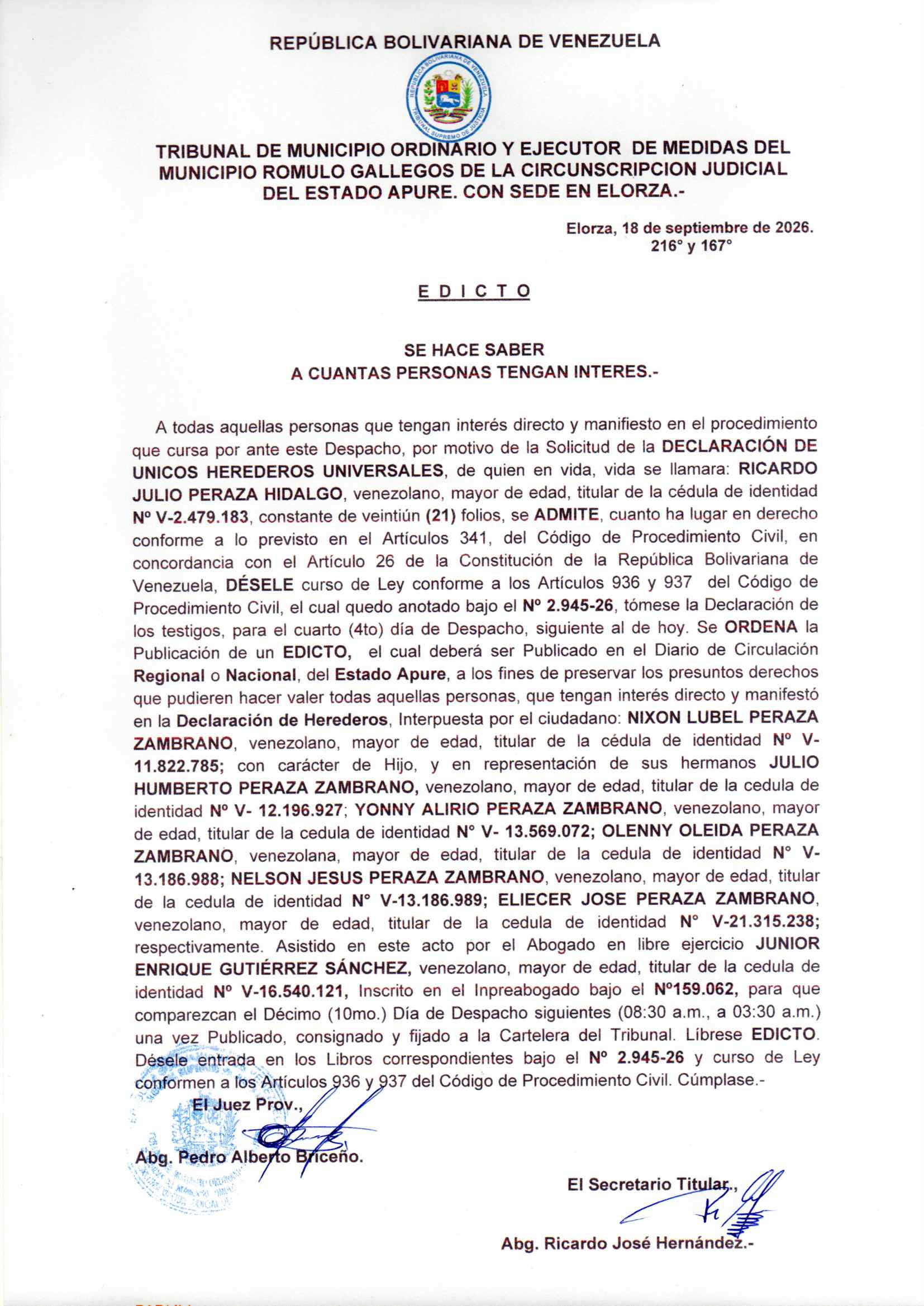 EDICTO, ÚNICOS Y UNIVERSALES HEREDEROS del Decujus: RICARDO JULIO PERAZA HIDALGO (V-2.479.183)
