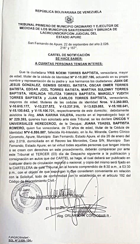 CARTEL DE NOTIFICACIÓN, ÚNICOS Y UNIVERSALES HEREDEROS de la Decujus: JUANA YSABEL BAPTISTA ROMERO (V-6.596.887)