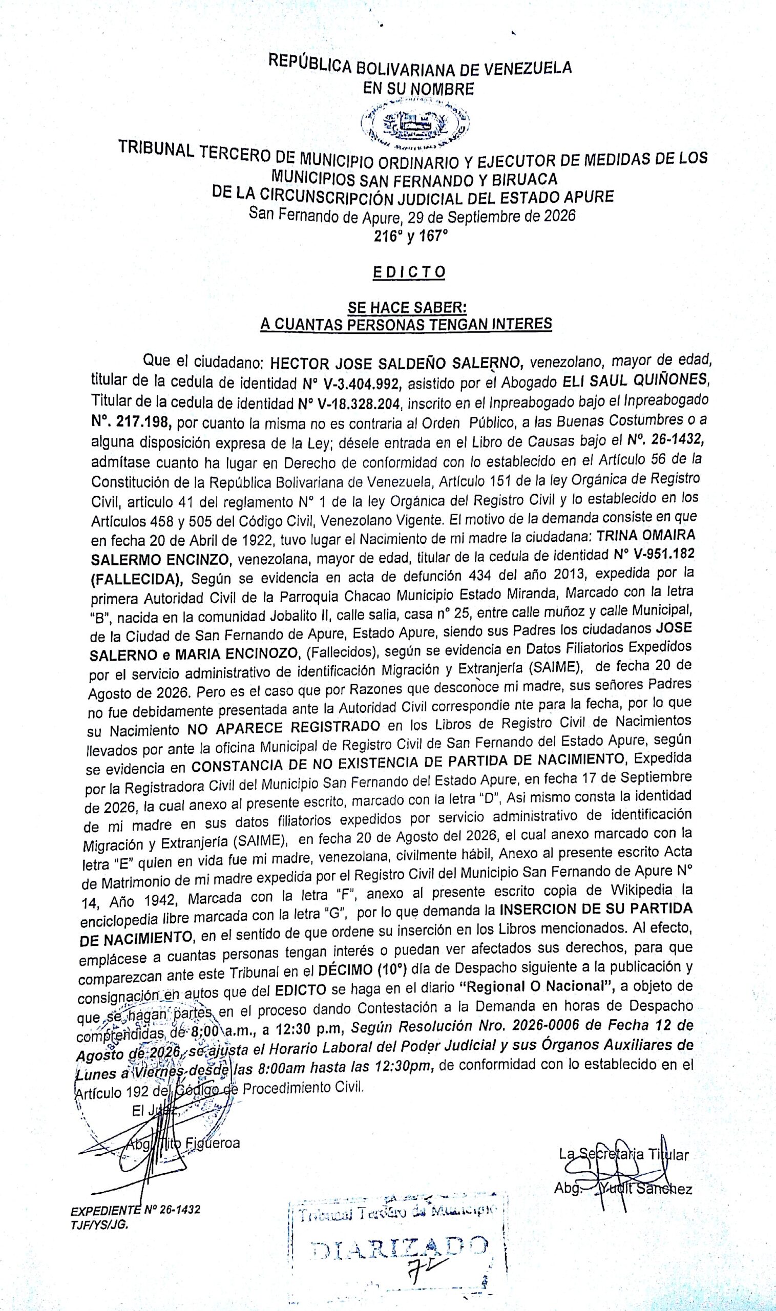CARTEL DE NOTIFICACIÓN, Solicitud de inserción (creación/registro formal) de la partida de nacimiento extemporánea en los libros del Registro Civil de TRINA OMAIRA SALERMO ENCINZO (V-951.182), FALLECIDA.