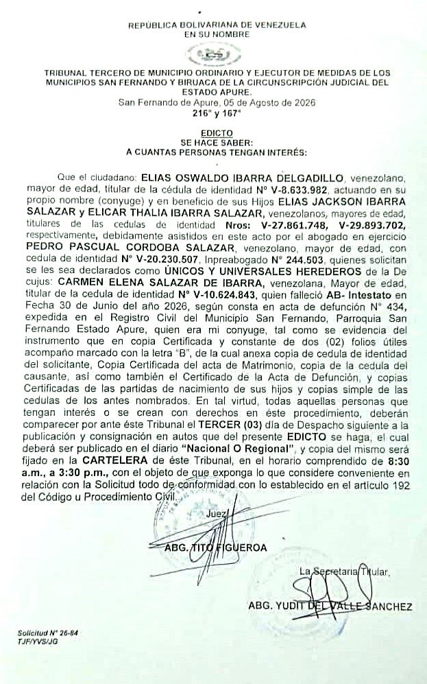 CARTEL DE NOTIFICACIÓN, ÚNICOS Y UNIVERSALES HEREDEROS de la Decujus: CARMEN ELENA SALAZAR DE IBARRA (V-10.624.843) CARTEL DE NOTIFICACIÓN,