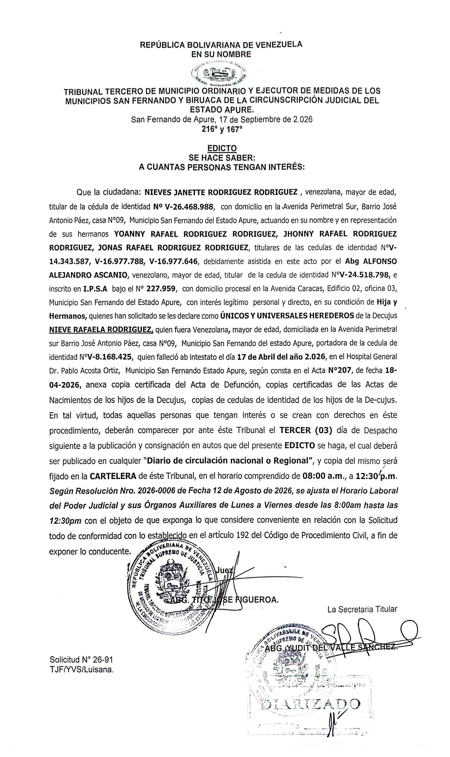 CARTEL DE NOTIFICACIÓN, ÚNICOS Y UNIVERSALES HEREDEROS de la Decujus: NIEVE RAFAELA RODRIGUEZ (V-8.168.425)