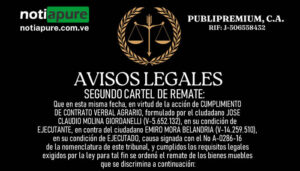 SEGUNDO CARTEL DE REMATE: Que en esta misma fecha, en virtud de la acción de CUMPLIMIENTO DE CONTRATO VERBAL AGRARIO, formulado por el cludadano JOSE CLAUDIO MOLINA GIORDANELLI (V-5.652.132), en su condición de EJECUTANTE, en contra del ciudadano EMIRO MORA BELANDRIA (V-14.259.510), en su condición de EJECUTADO.