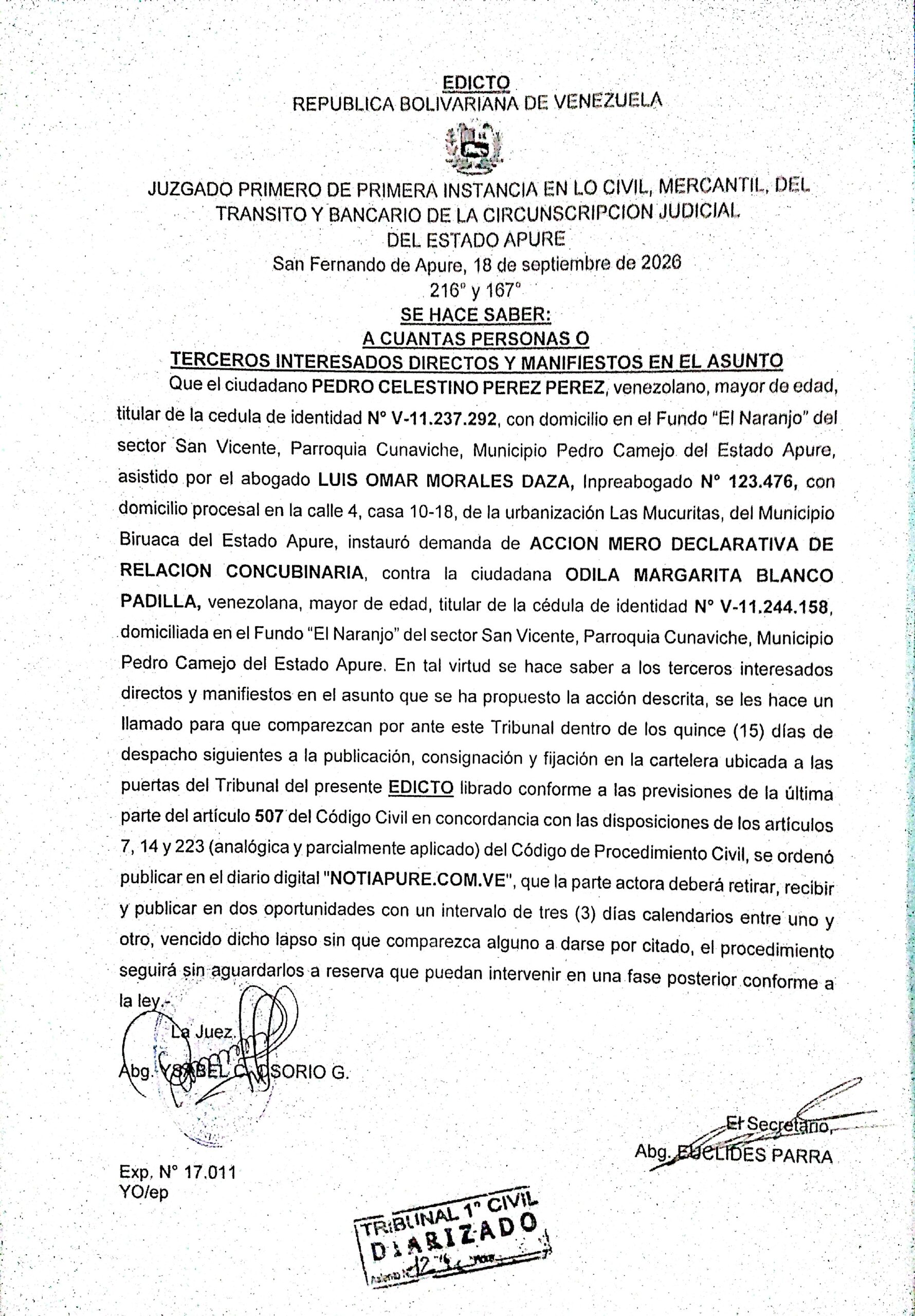 EDICTO, Demanda de ACCION MERO DECLARATIVA DE RELACION CONCUBINARIA, contra la ciudadana ODILA MARGARITA BLANCO PADILLA (V-11.244.158), Instaurada por el ciudadano PEDRO CELESTINO PEREZ PEREZ (V-11.237.292)