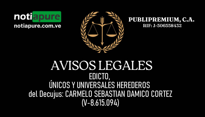 EDICTO, ÚNICOS Y UNIVERSALES HEREDEROS del Decujus: CARMELO SEBASTIAN DAMICO CORTEZ (V-8.615.094)