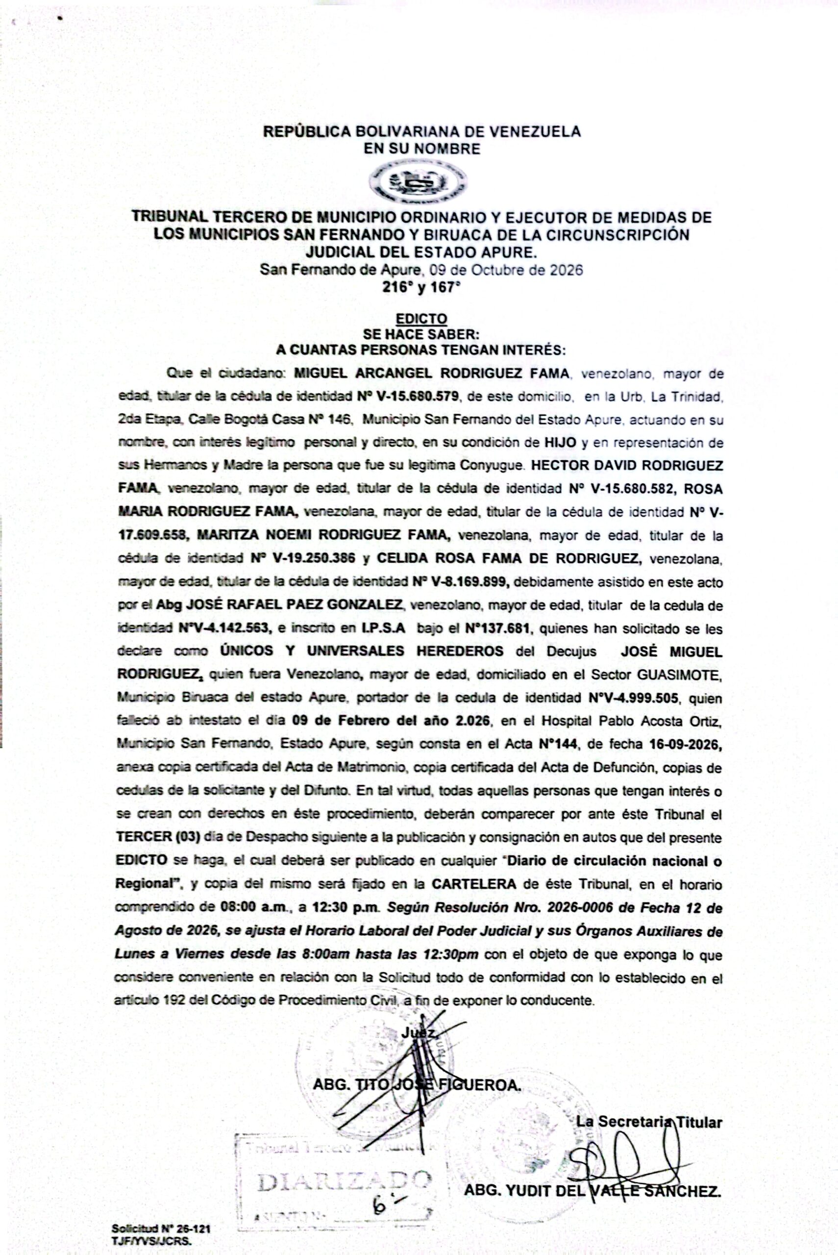 EDICTO, ÚNICOS Y UNIVERSALES HEREDEROS del Decujus: JOSÉ MIGUEL RODRIGUEZ (V-4.999.505)
