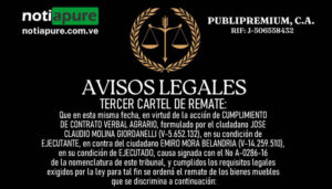 TERCER CARTEL DE REMATE: Que en esta misma fecha, en virtud de la acción de CUMPLIMIENTO DE CONTRATO VERBAL AGRARIO, formulado por el ciudadano JOSE CLAUDIO MOLINA GIORDANELLI (V-5.652.132), en su condición de EJECUTANTE, en contra del ciudadano EMIRO MORA BELANDRIA (V-14.259.510), en su condición de EJECUTADO.