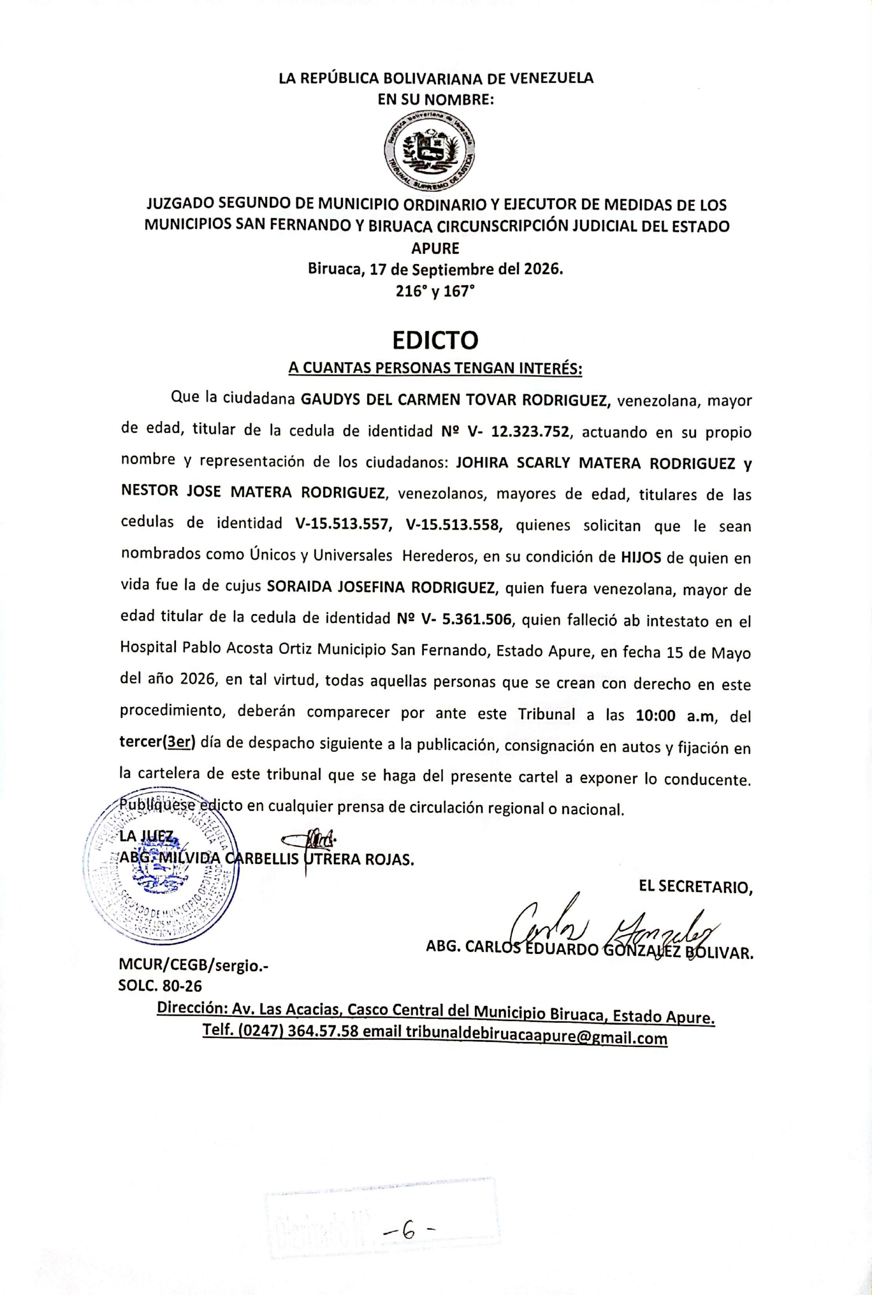 EDICTO, ÚNICOS Y UNIVERSALES HEREDEROS de la Decujus: SORAIDA JOSEFINA RODRIGUEZ (V- 5.361.506)