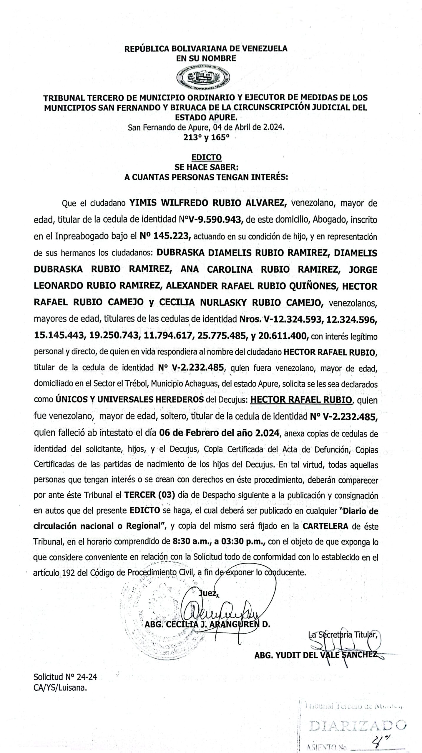 EDICTO, ÚNICOS Y UNIVERSALES HEREDEROS del Decujus: HECTOR RAFAEL RUBIO (V-2.232.485)