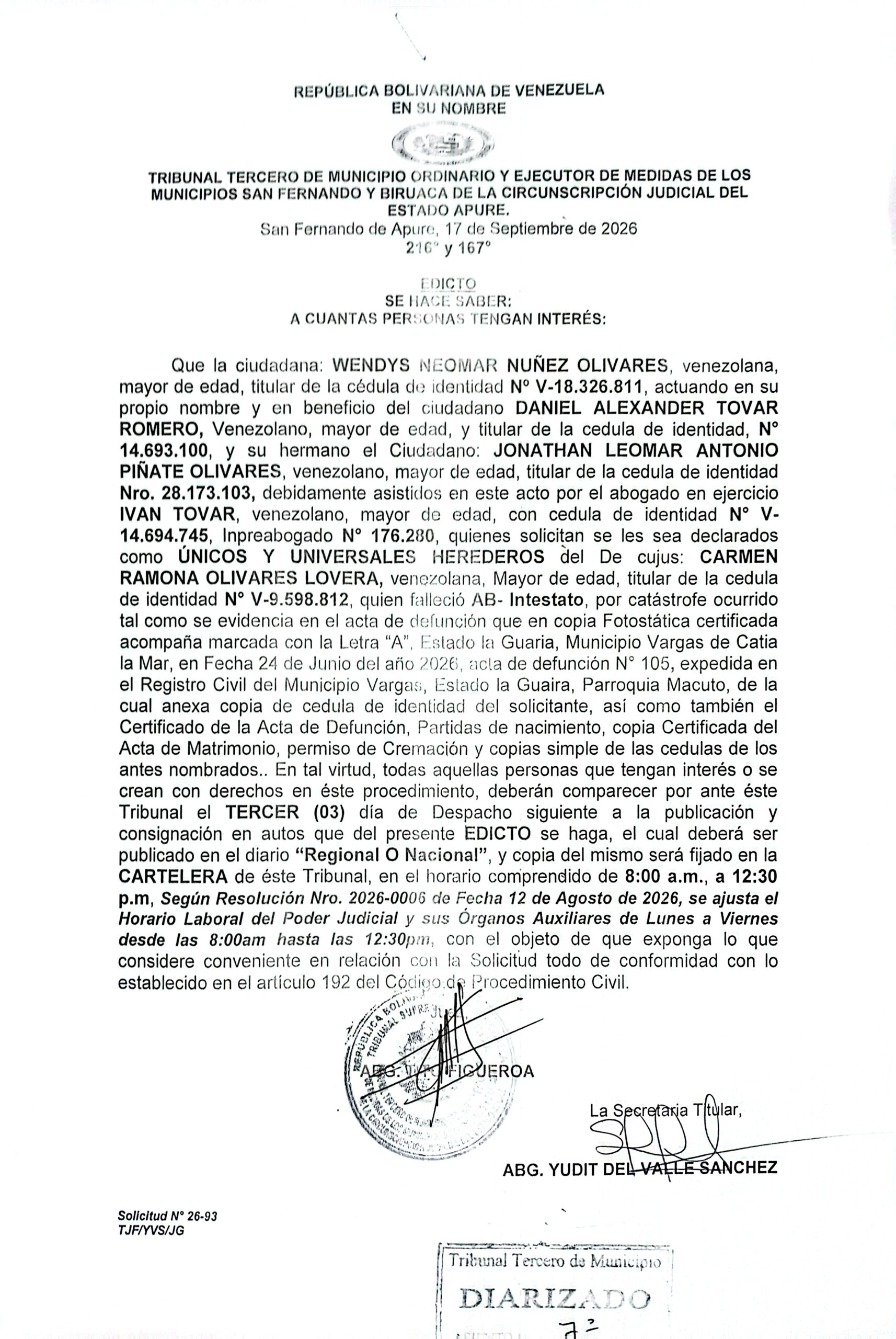 EDICTO, ÚNICOS Y UNIVERSALES HEREDEROS de la Decujus: CARMEN RAMONA OLIVARES LOVERA, (V-9.598.812)