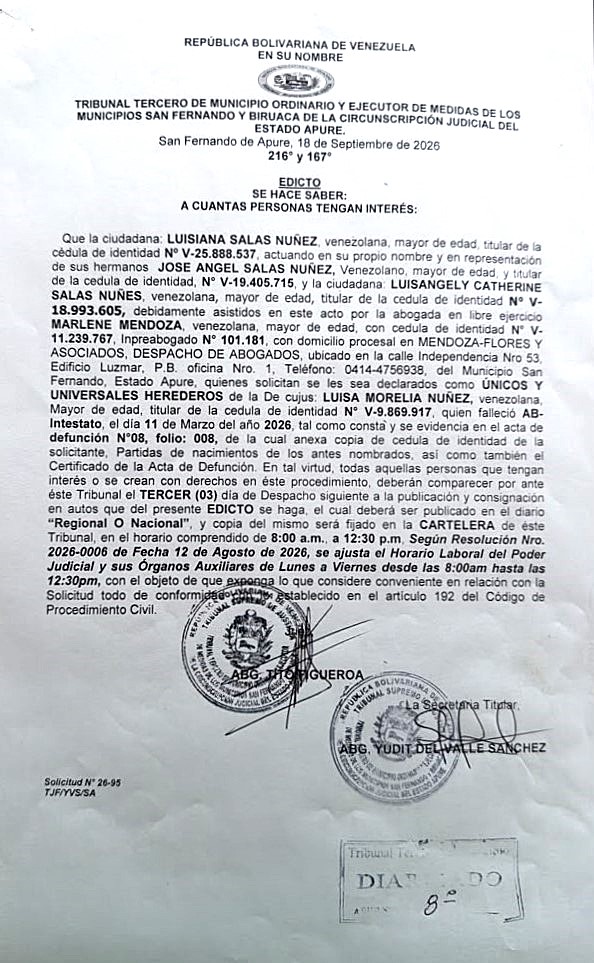 EDICTO, ÚNICOS Y UNIVERSALES HEREDEROS de la Decujus: LUISA MORELIA NUÑEZ (V-9.869.917)