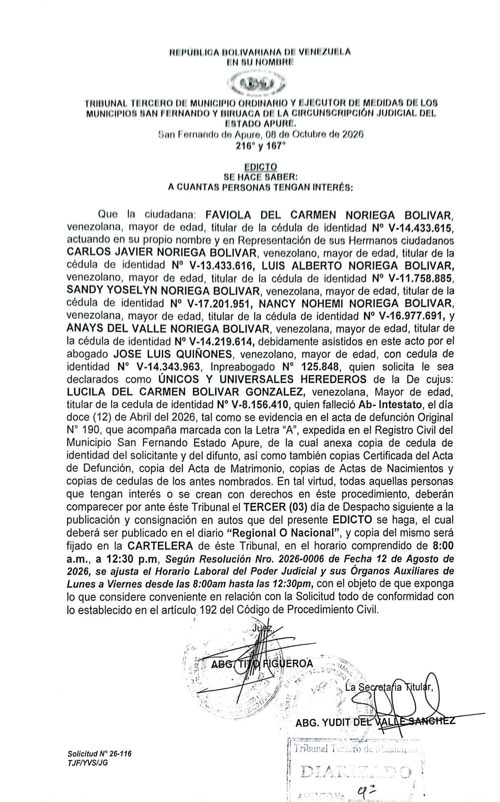 EDICTO, ÚNICOS Y UNIVERSALES HEREDEROS de la Decujus: LUCILA DEL CARMEN BOLIVAR (V-8.156.410)