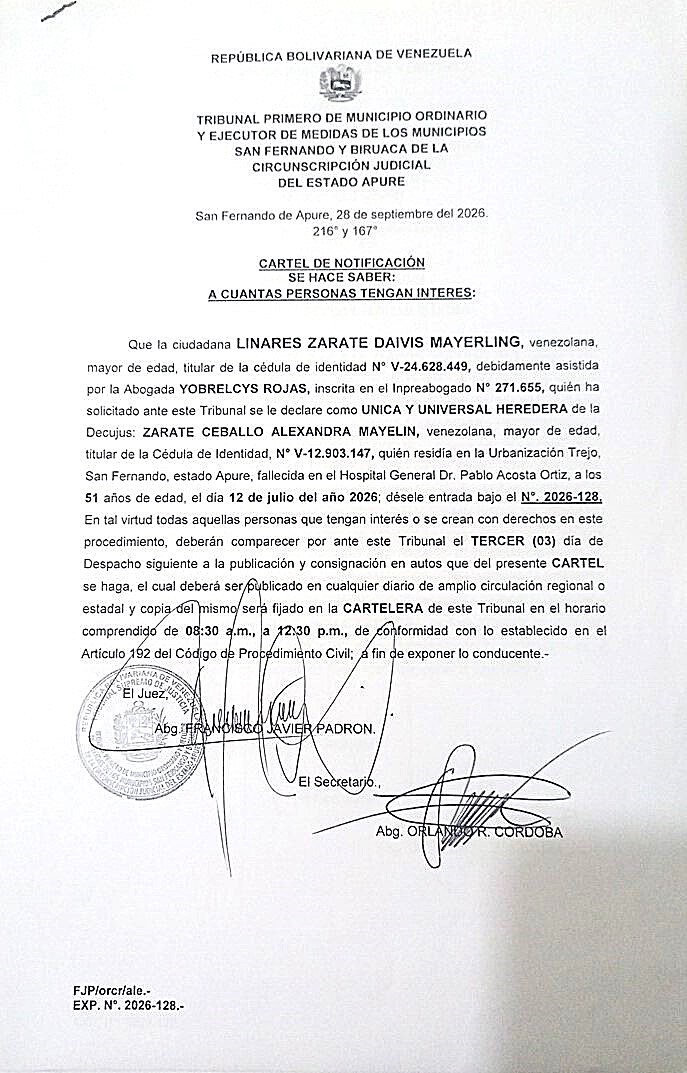 CARTEL DE NOTIFICACIÓN ÚNICOS Y UNIVERSALES HEREDEROS de la Decujus ZARATE CEBALLO ALEXANDRA MAYELIN (V-12.903.147)