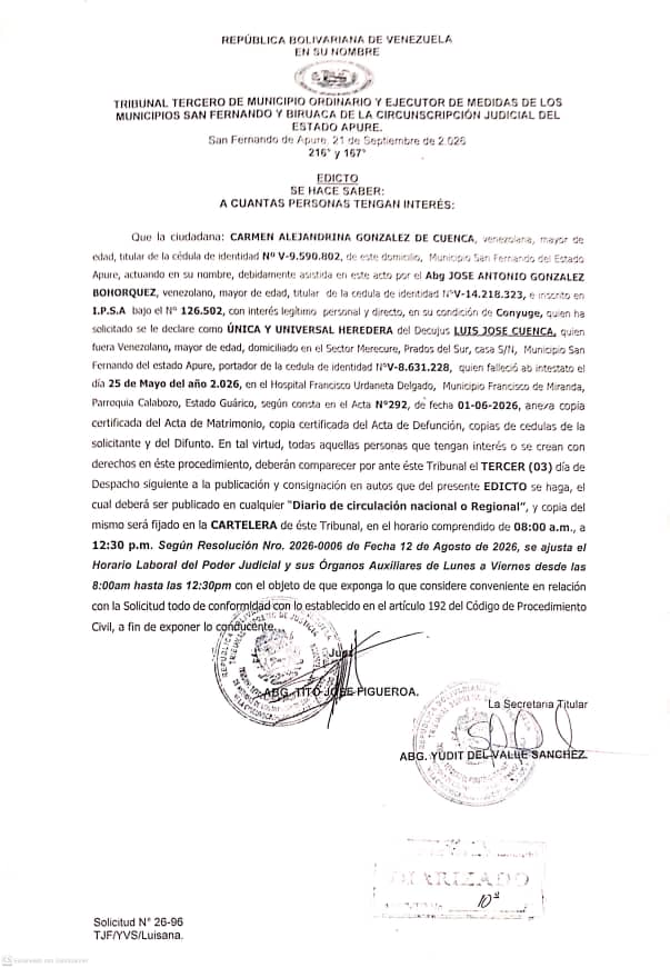 EDICTO, ÚNICOS Y UNIVERSALES HEREDEROS del Decujus: LUIS JOSE CUENCA (V-8.631.228)