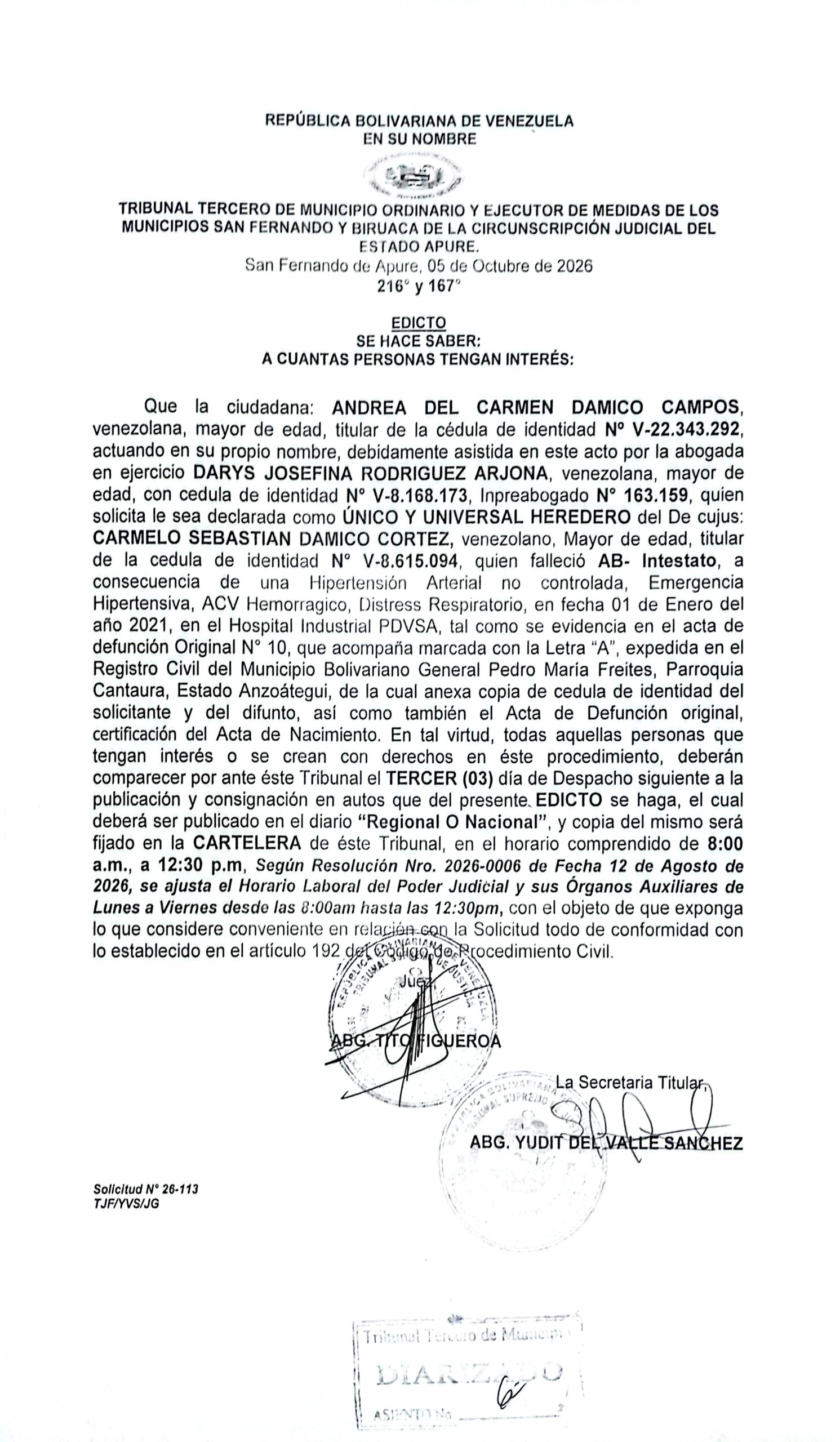 EDICTO, ÚNICOS Y UNIVERSALES HEREDEROS del Decujus: CARMELO SEBASTIAN DAMICO CORTEZ (V-8.615.094)