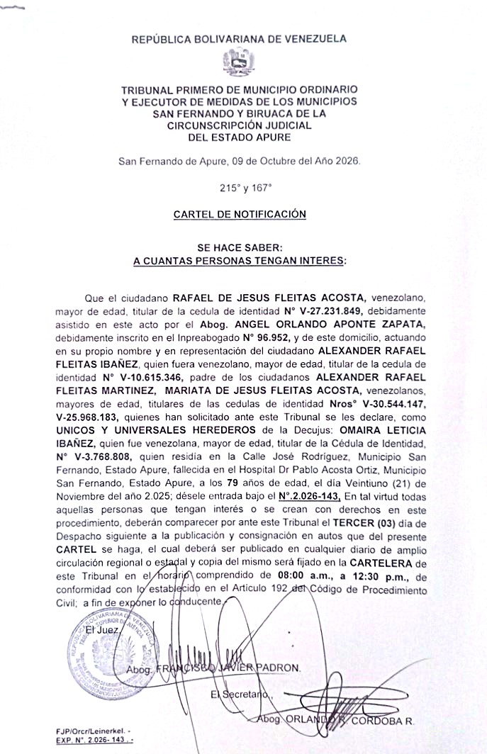 CARTEL DE NOTIFICACIÓN, ÚNICOS Y UNIVERSALES HEREDEROS de la Decujus: OMAIRA LETICIA IBAÑEZ (V-3.768.808)
